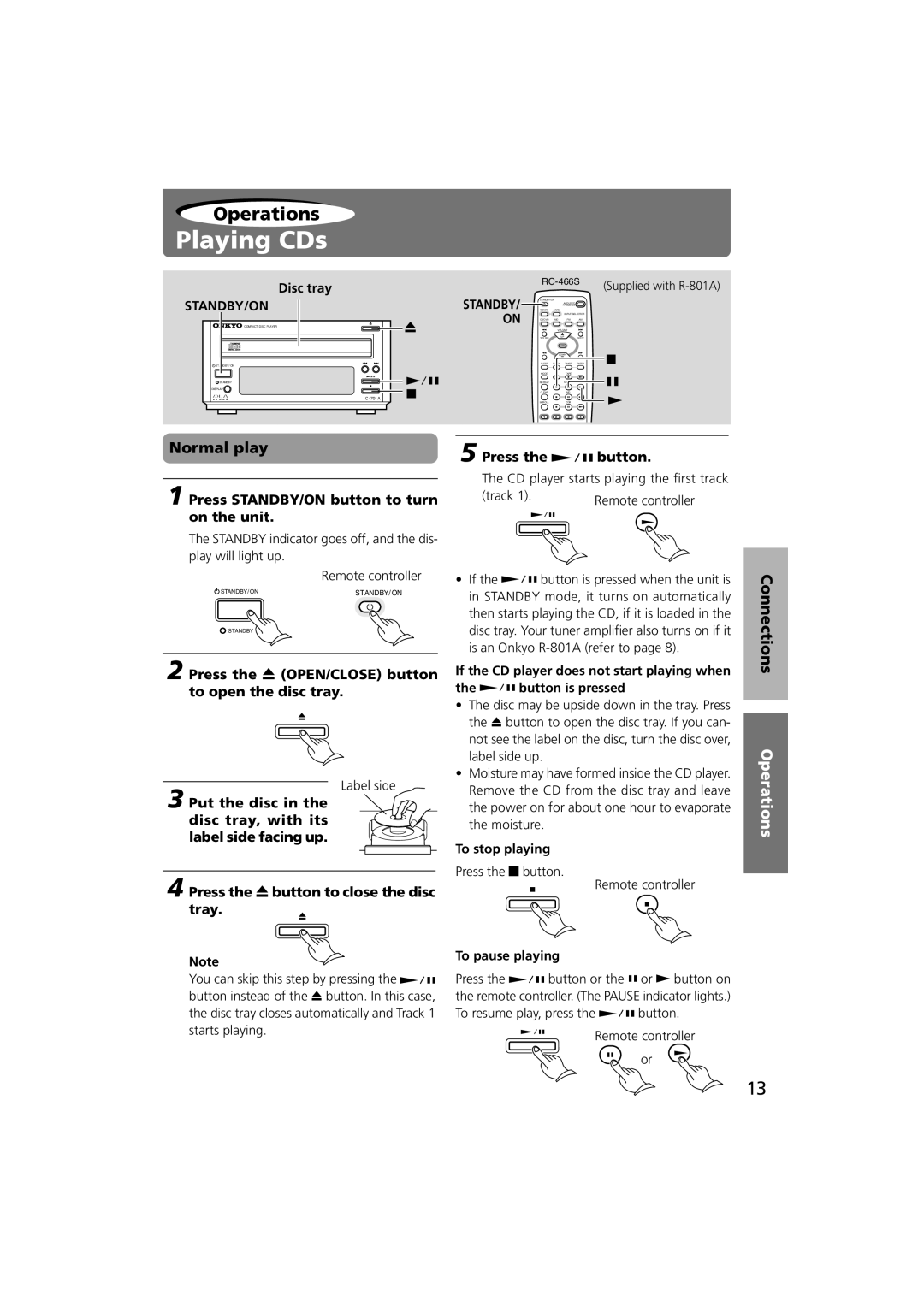 Onkyo C-701A instruction manual Playing CDs, Normal play, Press STANDBY/ON button to turn on the unit, Press the button 