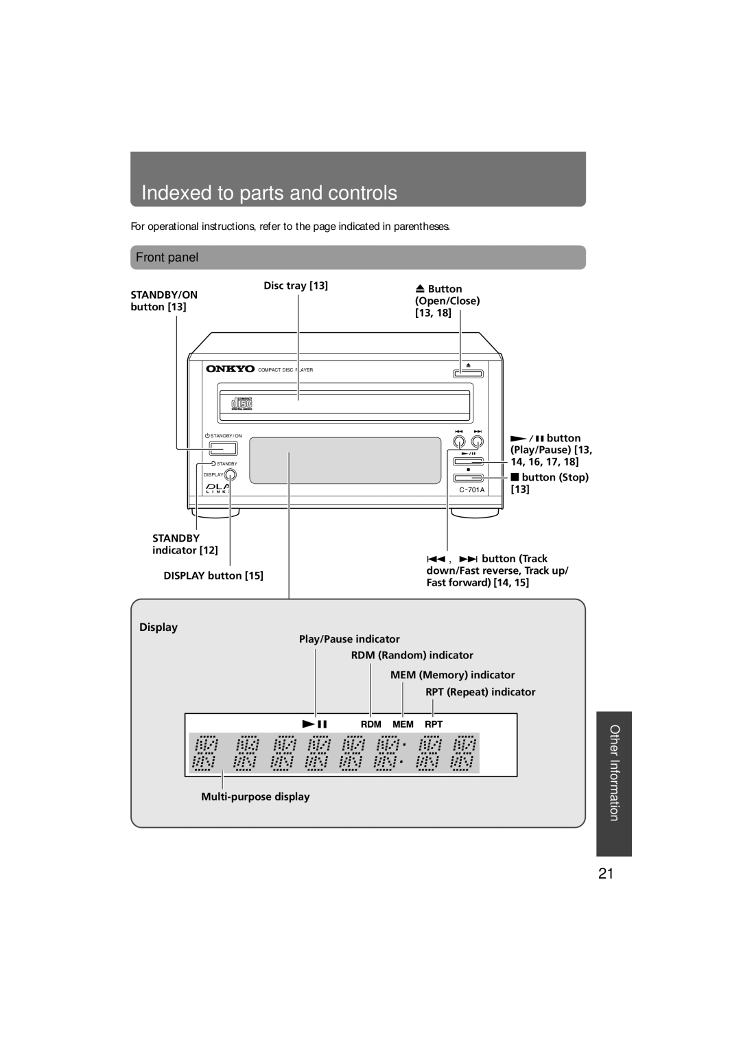 Onkyo C-701A instruction manual Indexed to parts and controls, Front panel, Display 