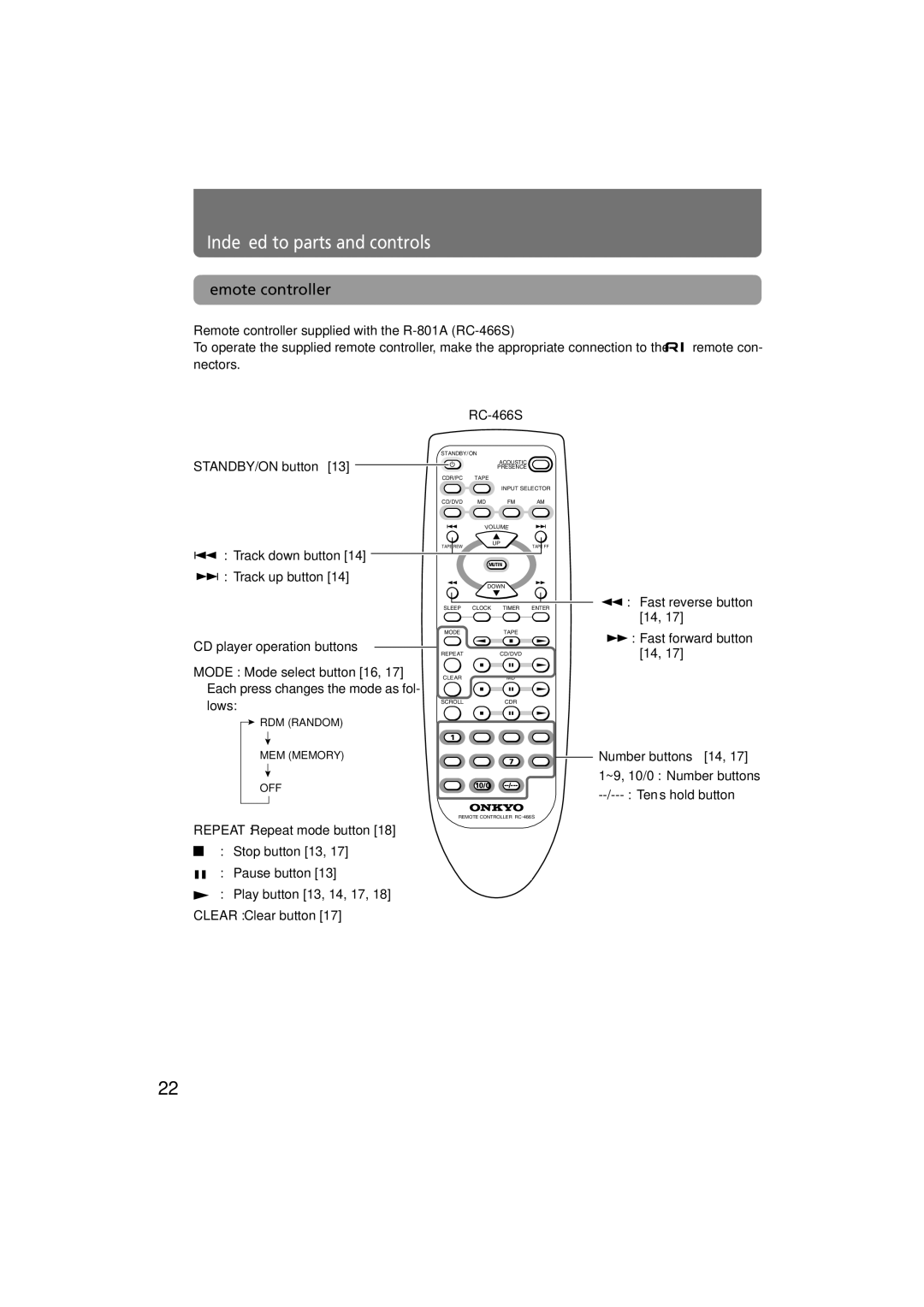 Onkyo C-701A instruction manual Remote controller supplied with the R-801A RC-466S, RC-466S STANDBY/ON button 