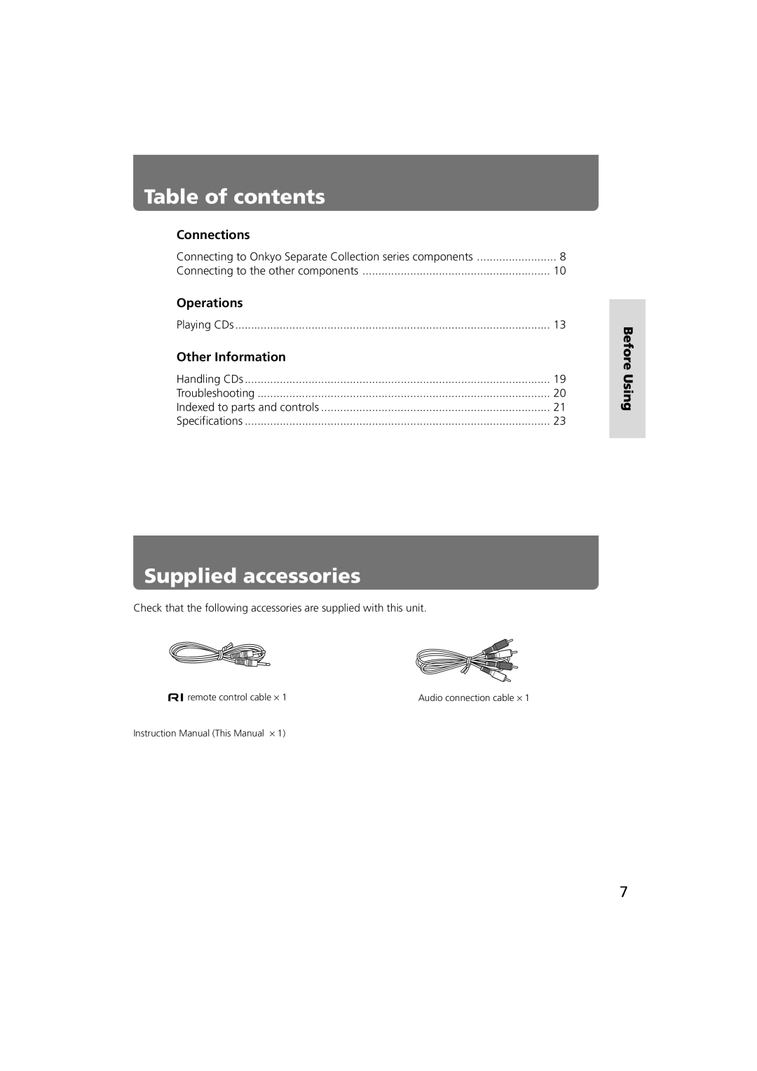 Onkyo C-701A instruction manual Table of contents, Supplied accessories 