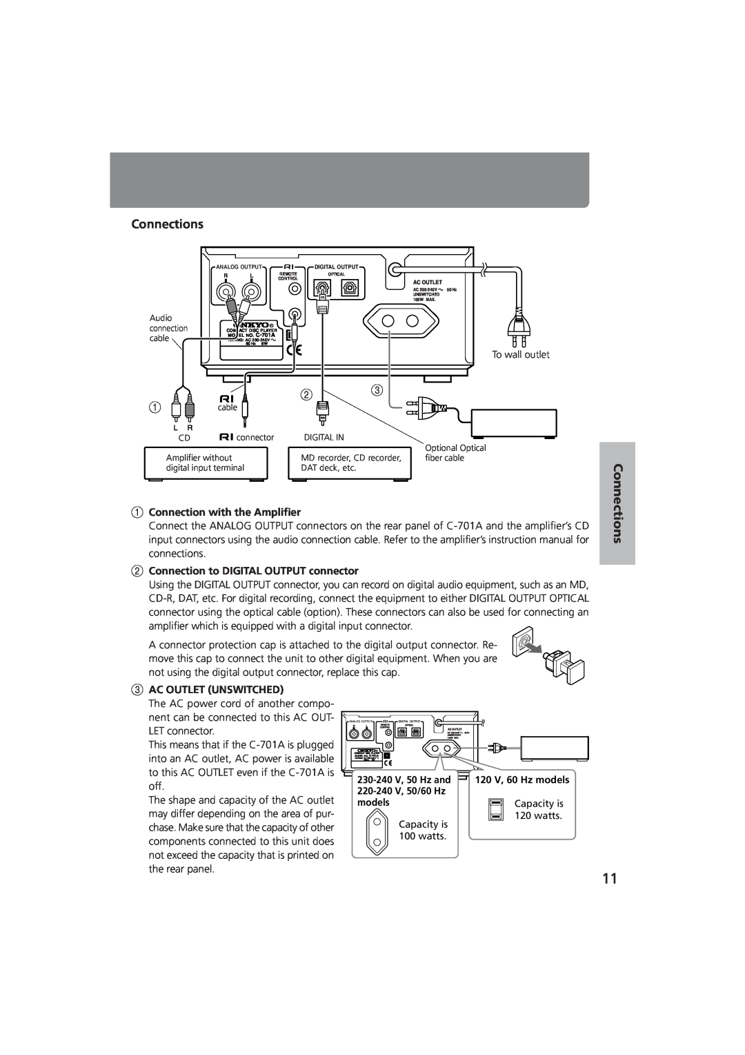 Onkyo C-701A Operations, Other Information, 1Connection with the Amplifier, 2Connection to DIGITAL OUTPUT connector, watts 