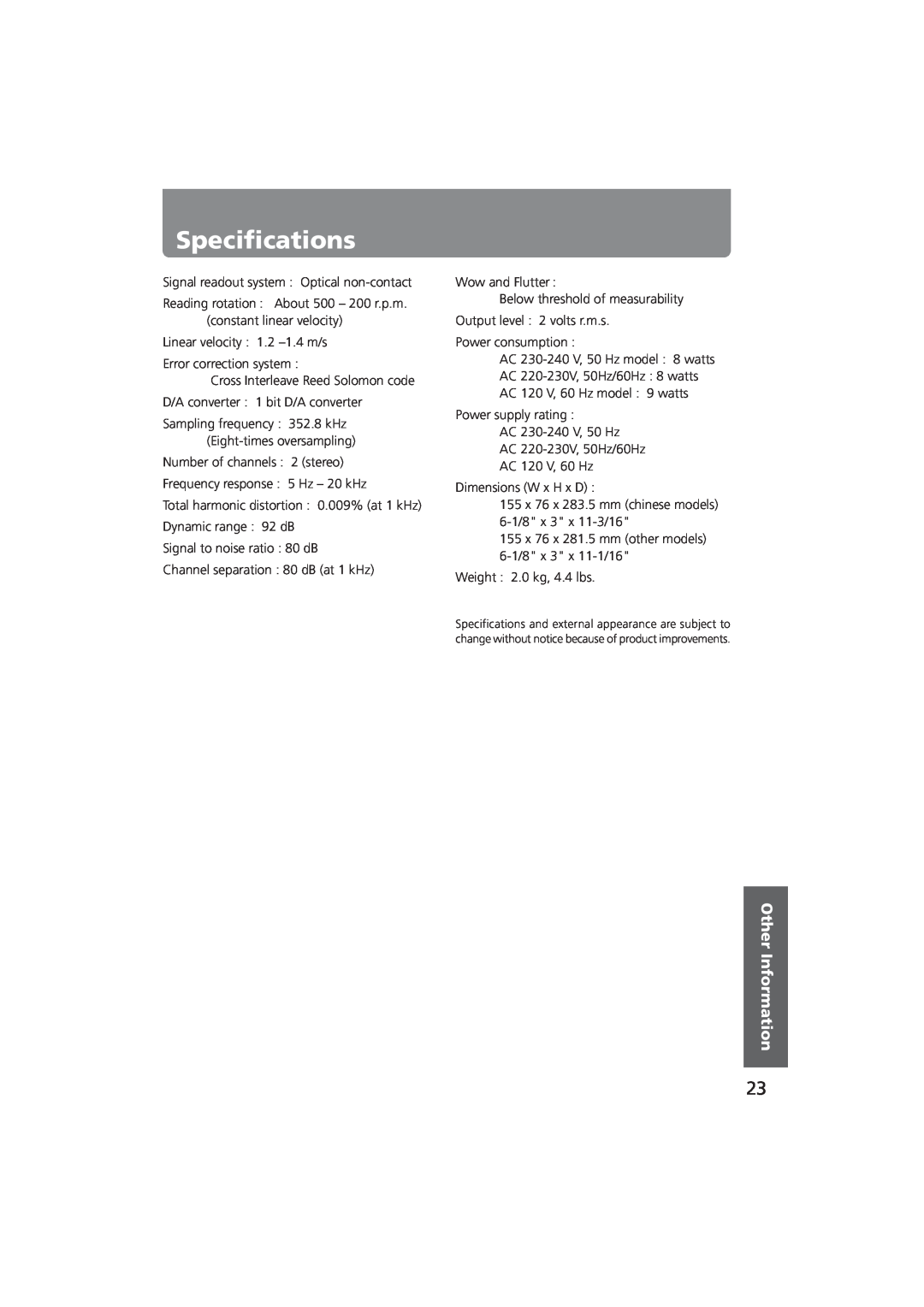 Onkyo C-701A instruction manual Specifications, Before Using Connections, Operations Other Information 