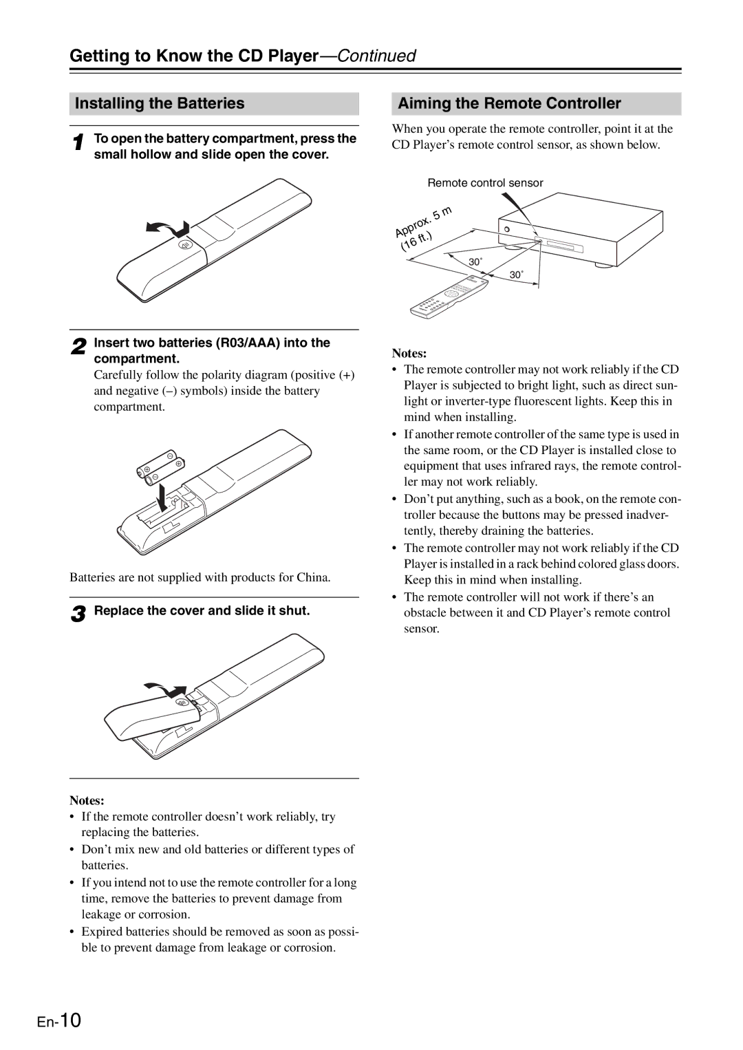 Onkyo C-7030 Installing the Batteries, Aiming the Remote Controller, Small hollow and slide open the cover 