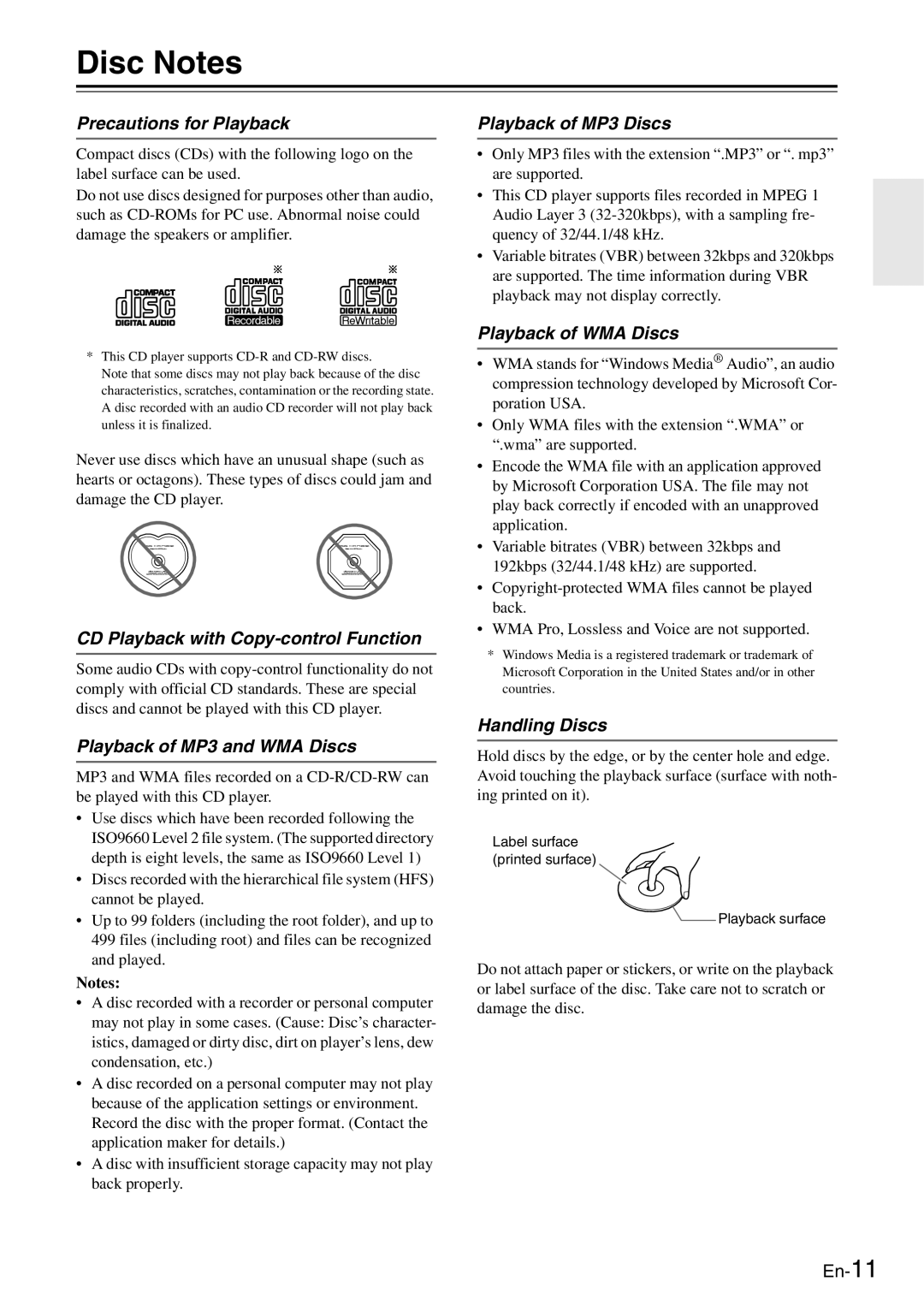 Onkyo C-7030 instruction manual Disc Notes 