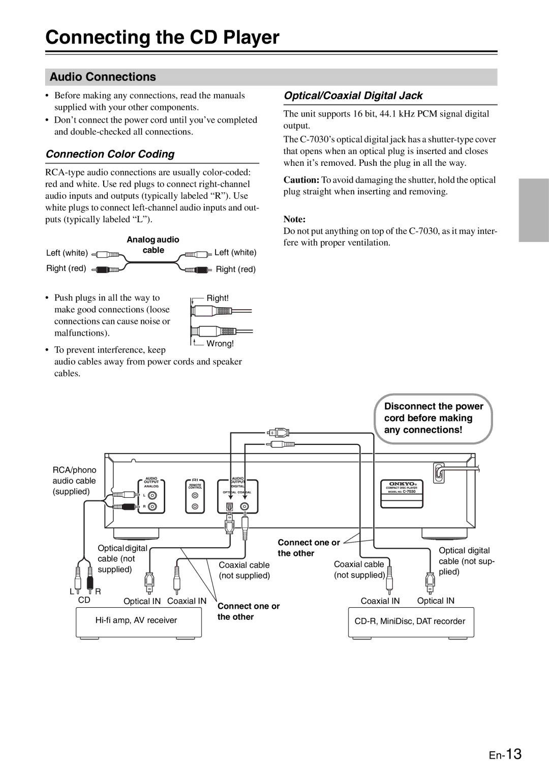 Onkyo C-7030 Connecting the CD Player, Audio Connections, Connection Color Coding, Optical/Coaxial Digital Jack 