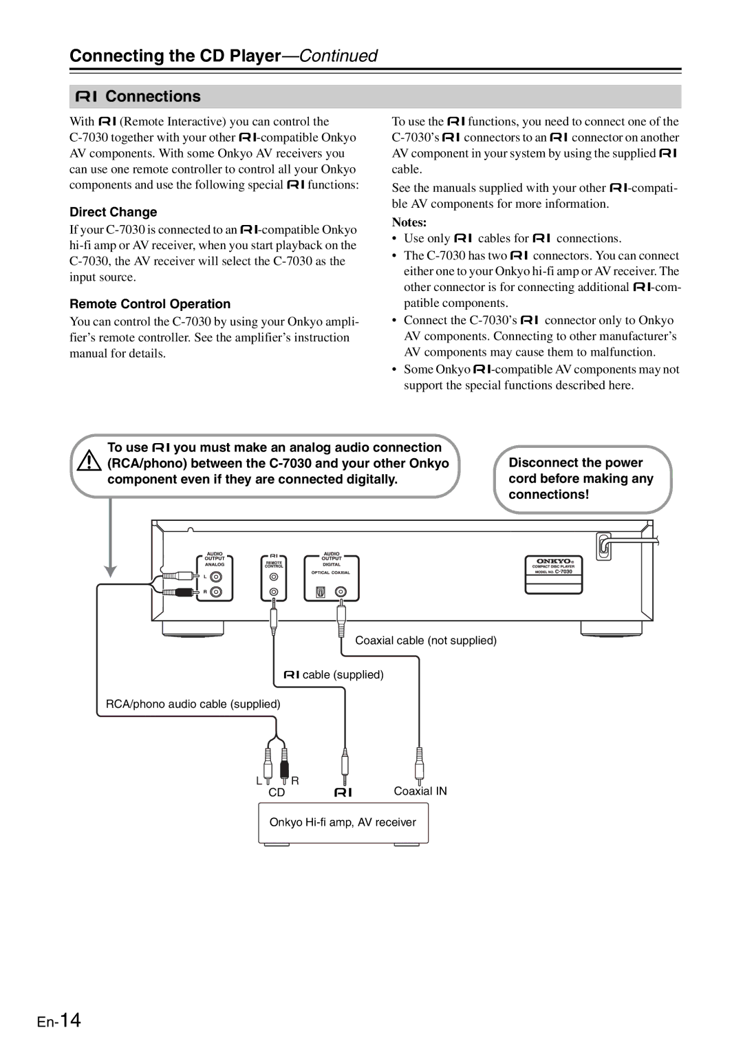 Onkyo C-7030 instruction manual Connecting the CD Player, Connections, Direct Change, Remote Control Operation 