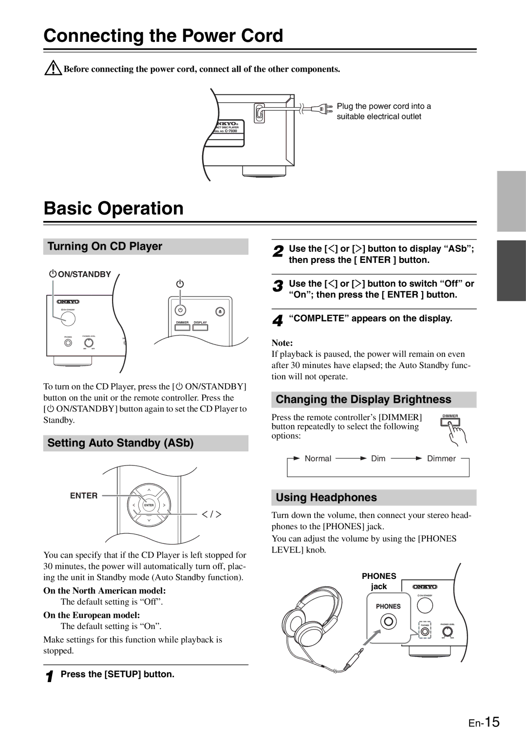 Onkyo C-7030 instruction manual Connecting the Power Cord, Basic Operation 