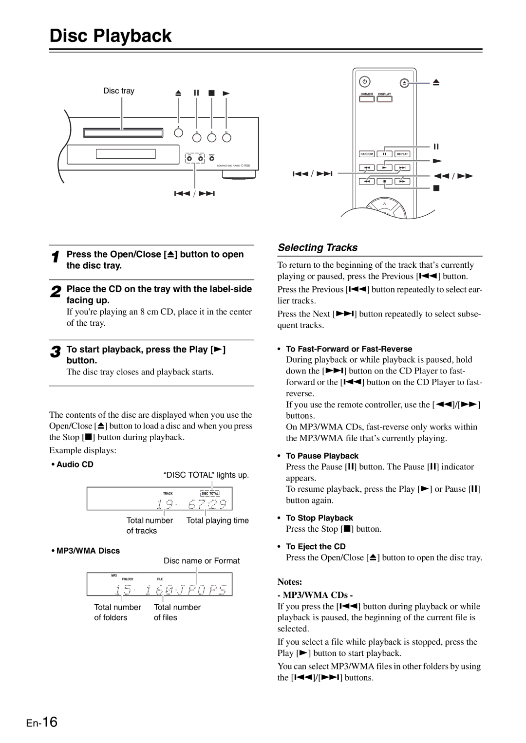 Onkyo C-7030 instruction manual Disc Playback, Selecting Tracks, Tobutton.start playback, press the Play  