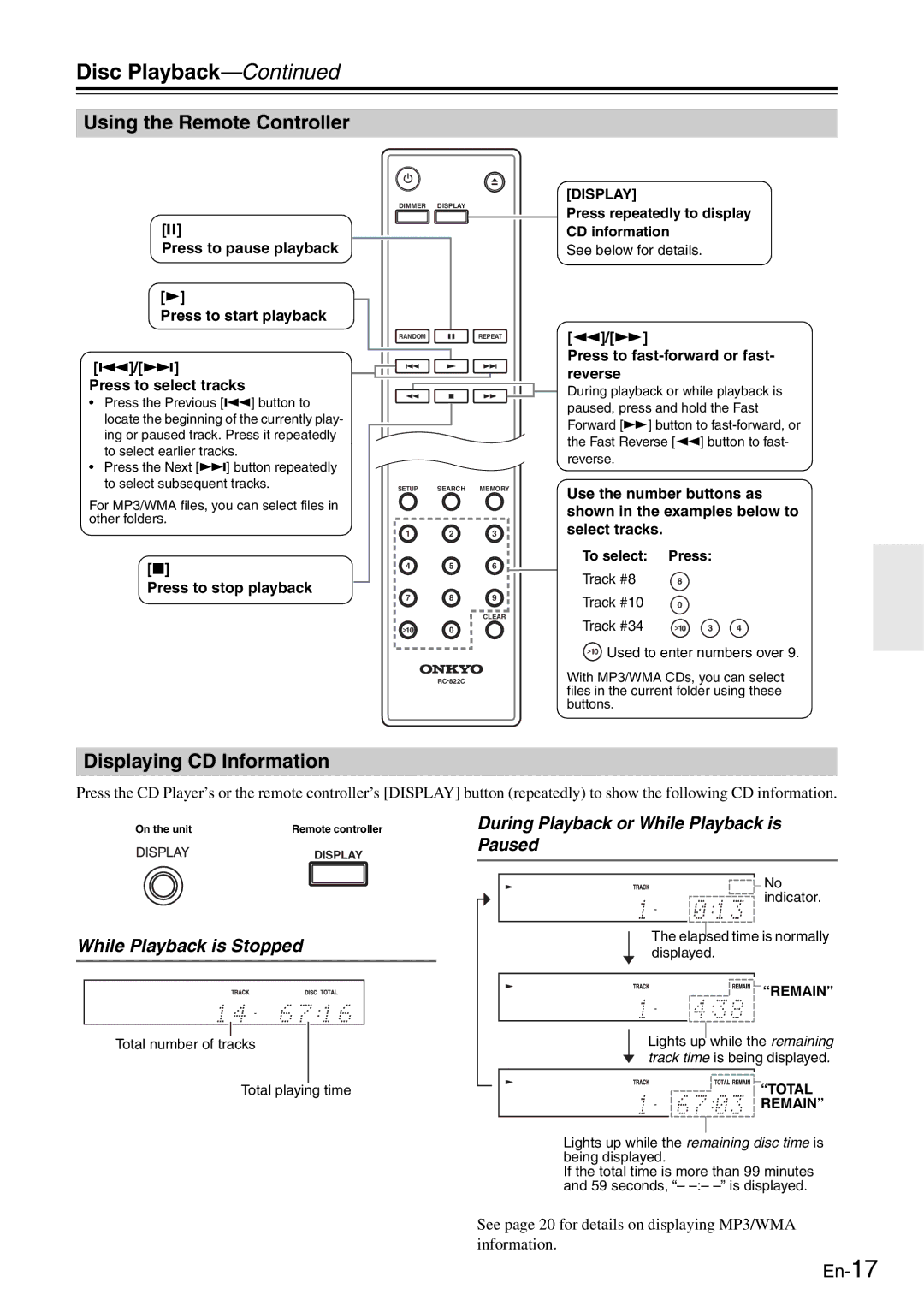 Onkyo C-7030 Disc Playback, Using the Remote Controller, Displaying CD Information, While Playback is Stopped 