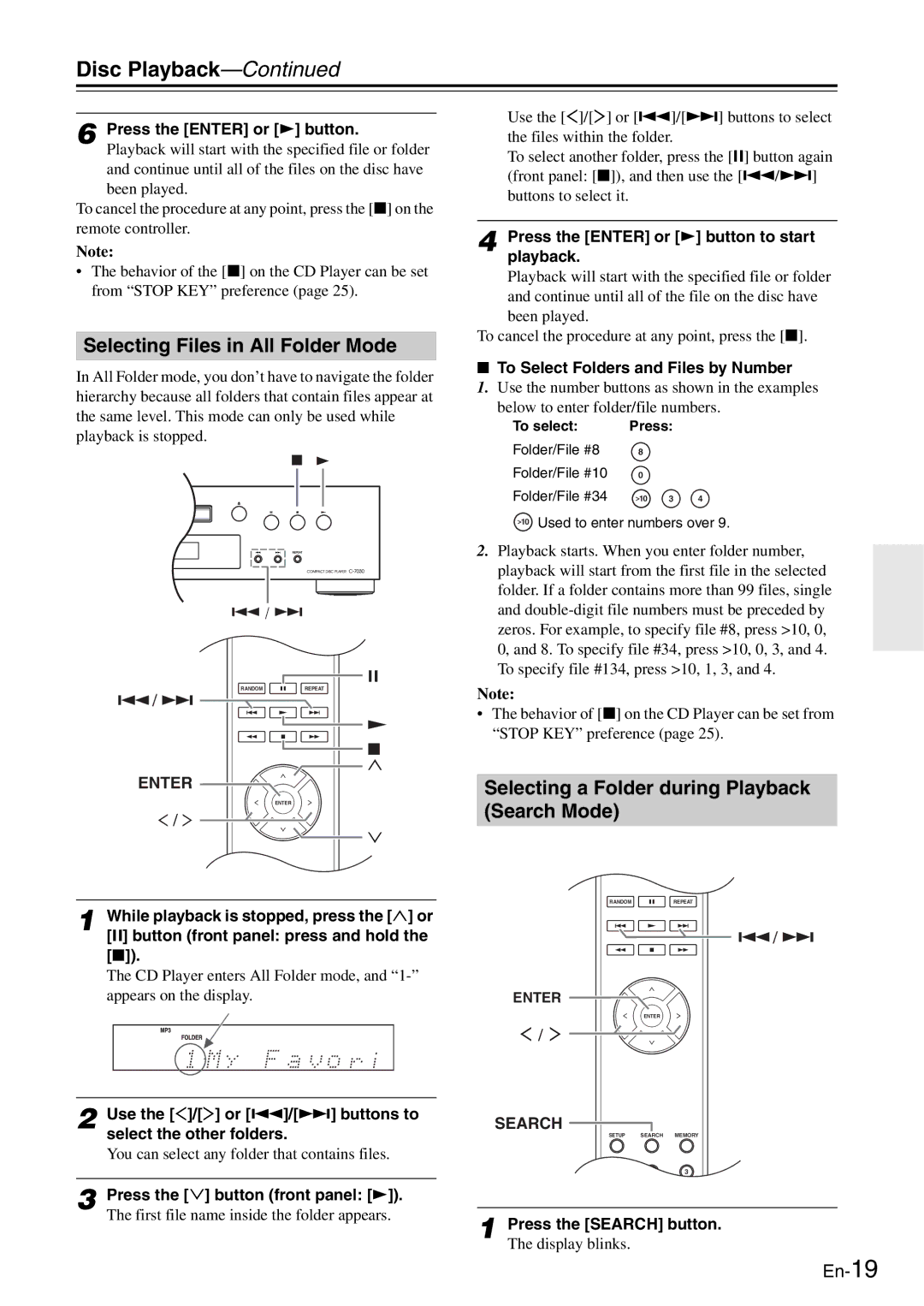 Onkyo C-7030 instruction manual Selecting Files in All Folder Mode, Selecting a Folder during Playback Search Mode 