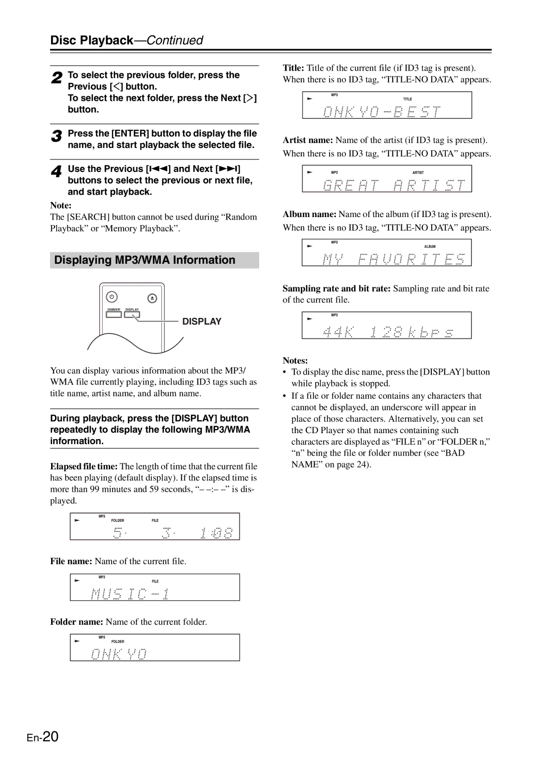 Onkyo C-7030 instruction manual Displaying MP3/WMA Information 