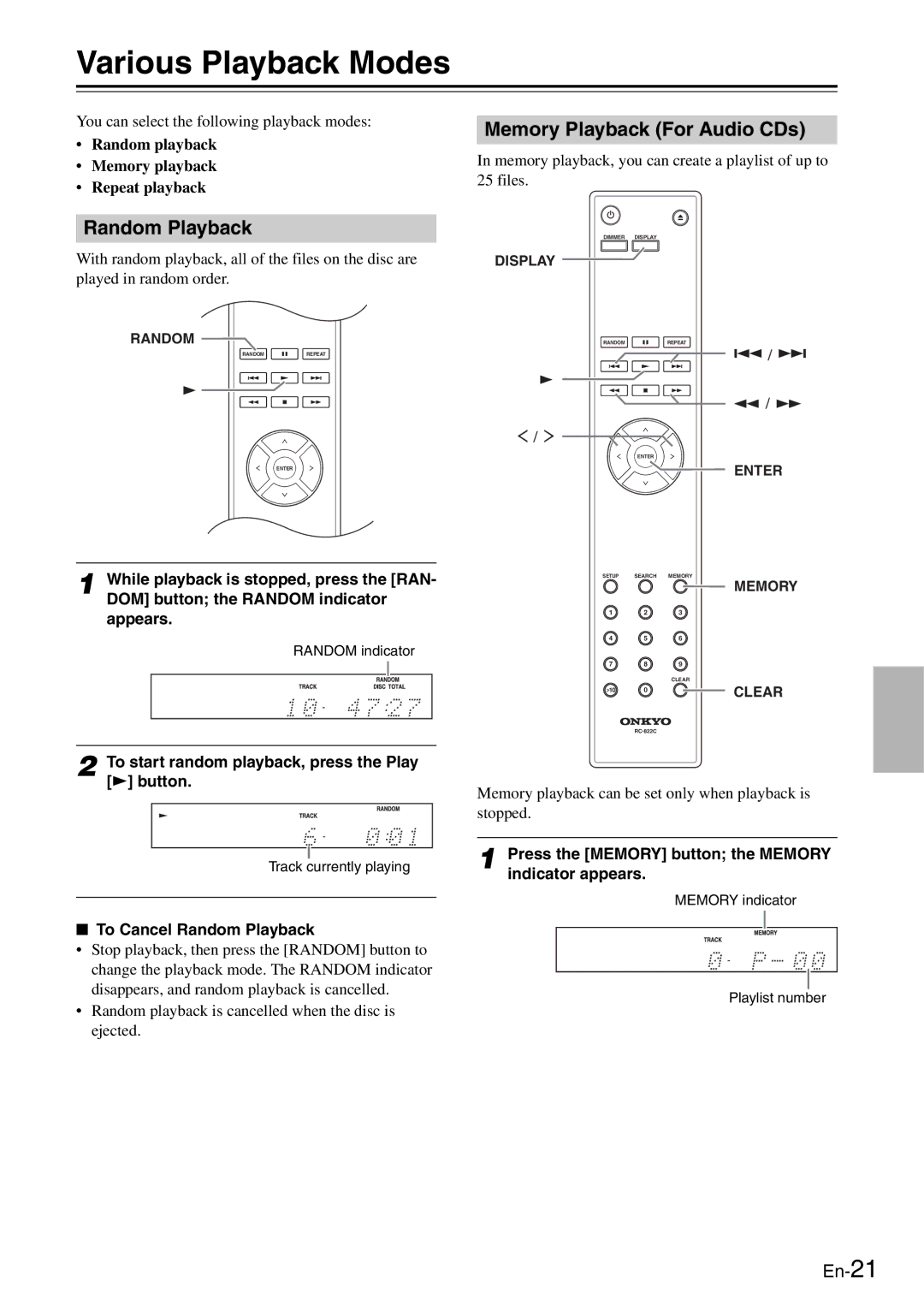 Onkyo C-7030 instruction manual Various Playback Modes, Memory Playback For Audio CDs, Random Playback 