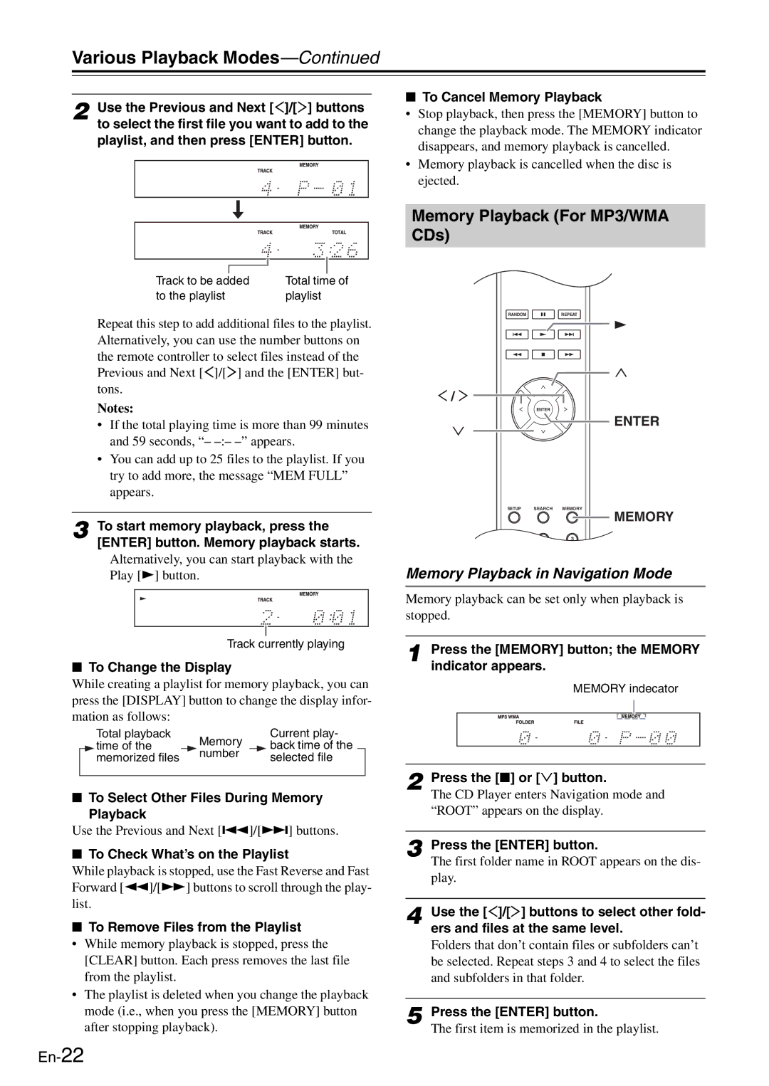 Onkyo C-7030 instruction manual Various Playback Modes, Memory Playback For MP3/WMA CDs, Memory Playback in Navigation Mode 