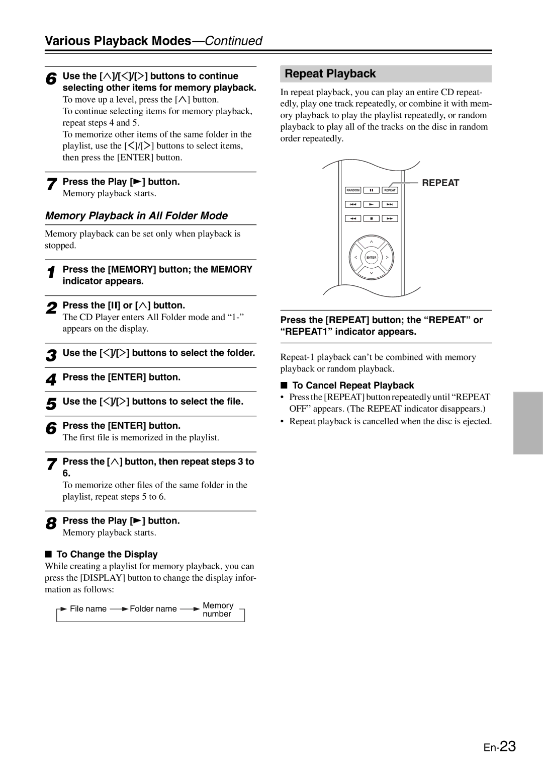 Onkyo C-7030 Repeat Playback, Memory Playback in All Folder Mode, Press the Play  button. Memory playback starts 