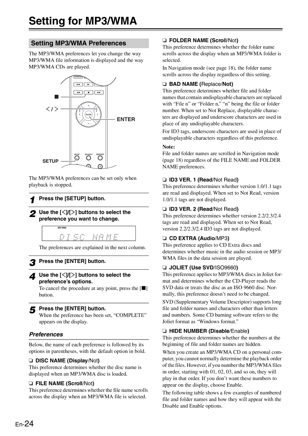 Onkyo C-7030 instruction manual Setting for MP3/WMA, Setting MP3/WMA Preferences 