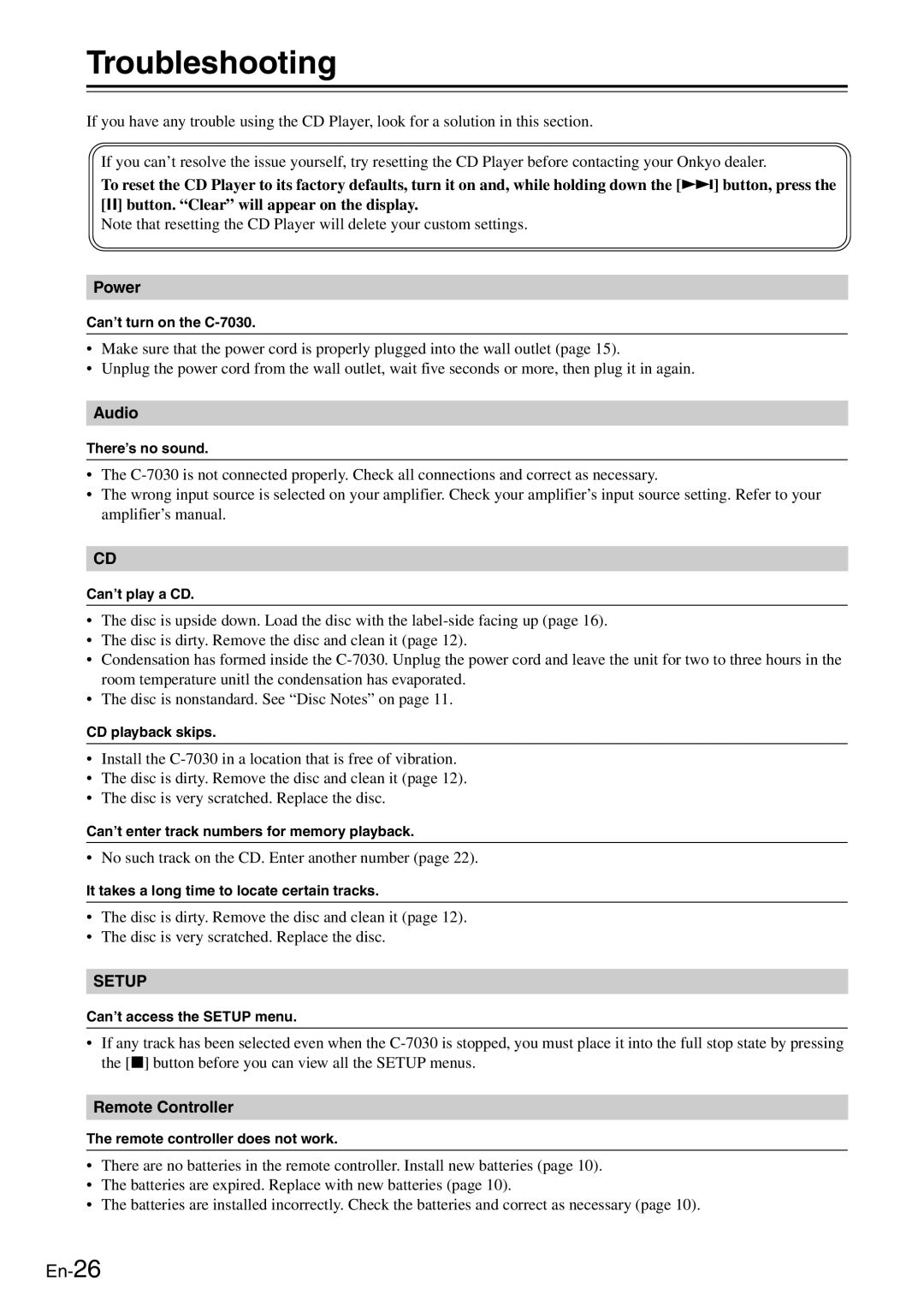 Onkyo C-7030 instruction manual Troubleshooting, Power, Audio, Remote Controller 