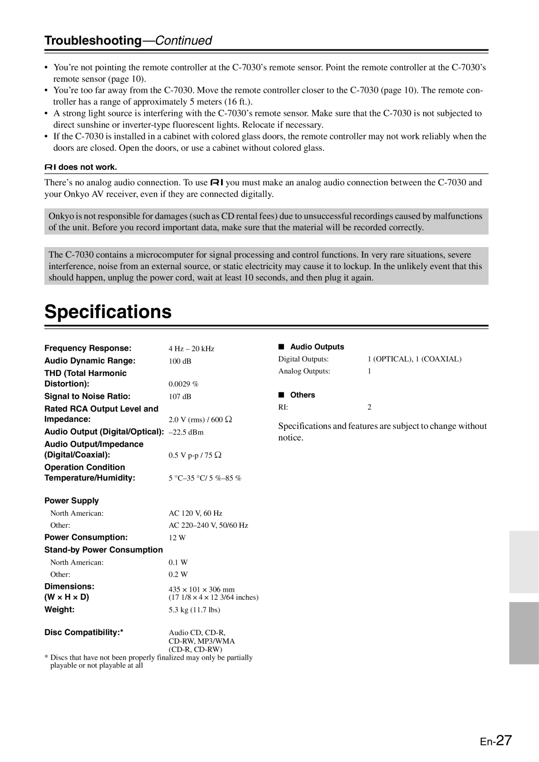 Onkyo C-7030 instruction manual Specifications, Troubleshooting 