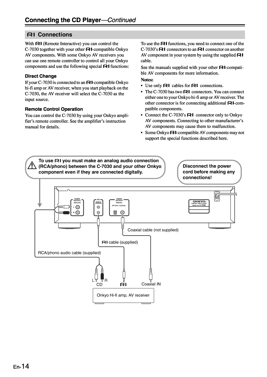 Onkyo C-7030 instruction manual Connecting the CD Player-Continued, Connections, En-14 