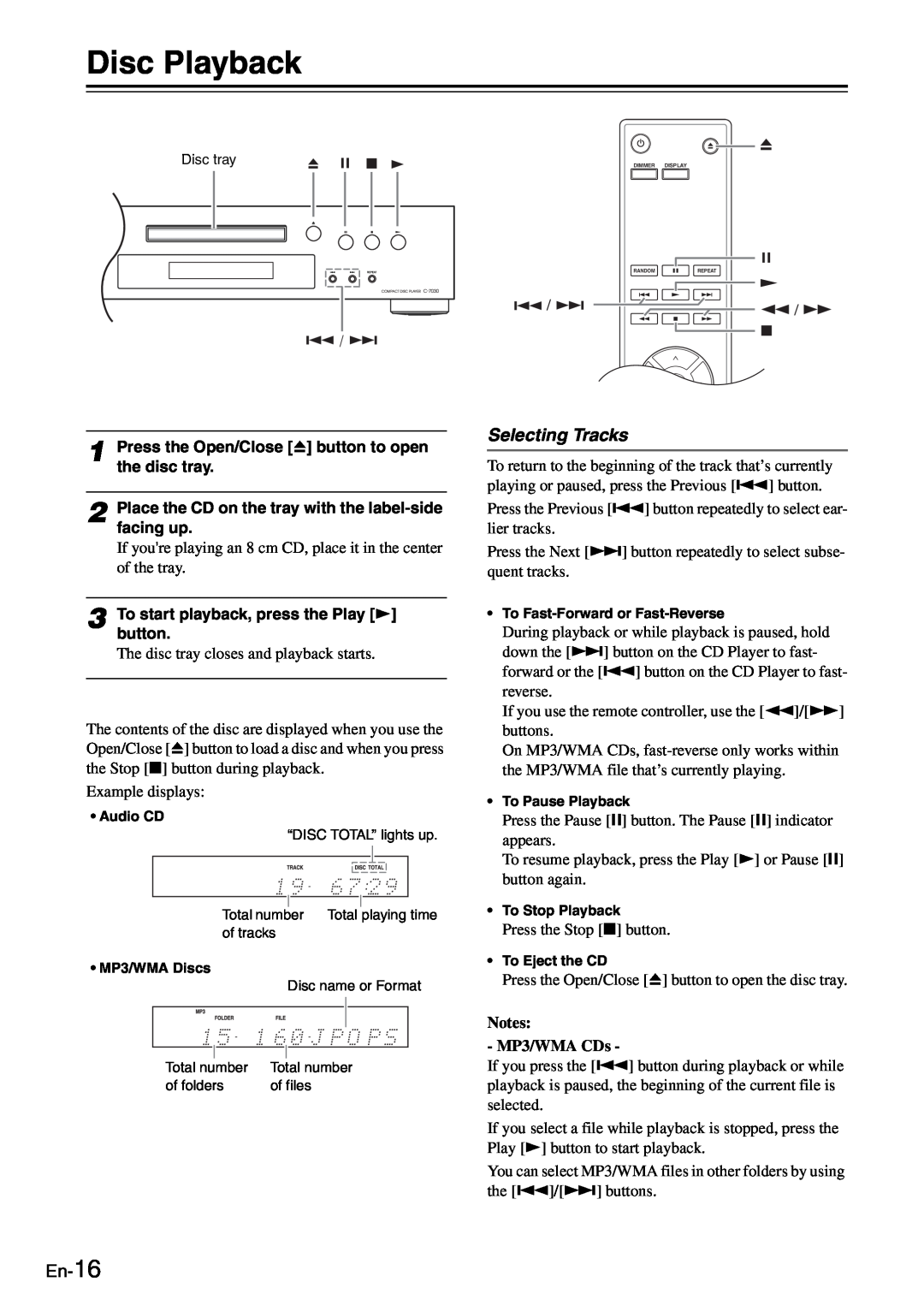 Onkyo C-7030 instruction manual Disc Playback, Selecting Tracks, En-16, Notes MP3/WMA CDs 