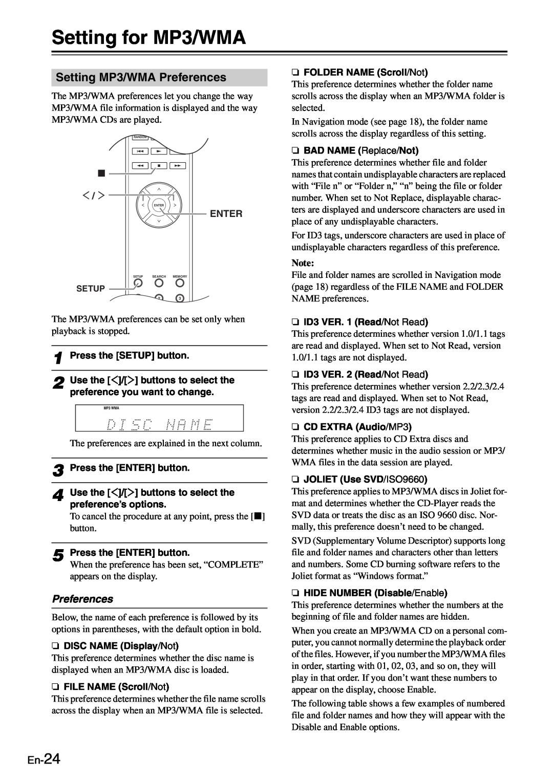 Onkyo C-7030 instruction manual Setting for MP3/WMA, Setting MP3/WMA Preferences, En-24 