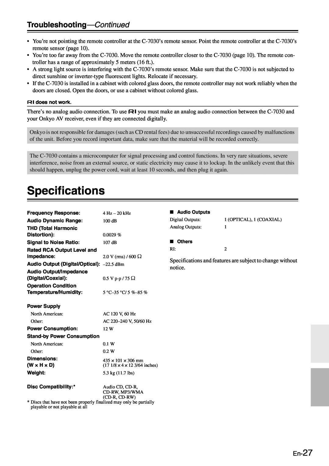 Onkyo C-7030 instruction manual Specifications, Troubleshooting-Continued, En-27 