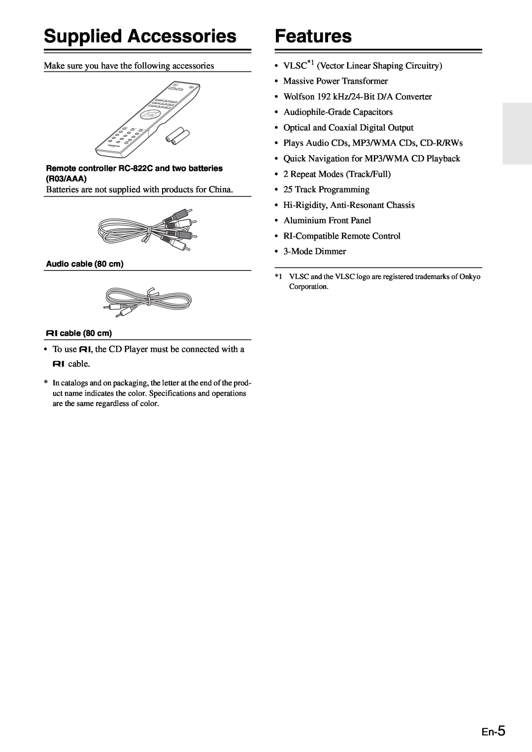 Onkyo C-7030 instruction manual Supplied Accessories, Features, En-5 