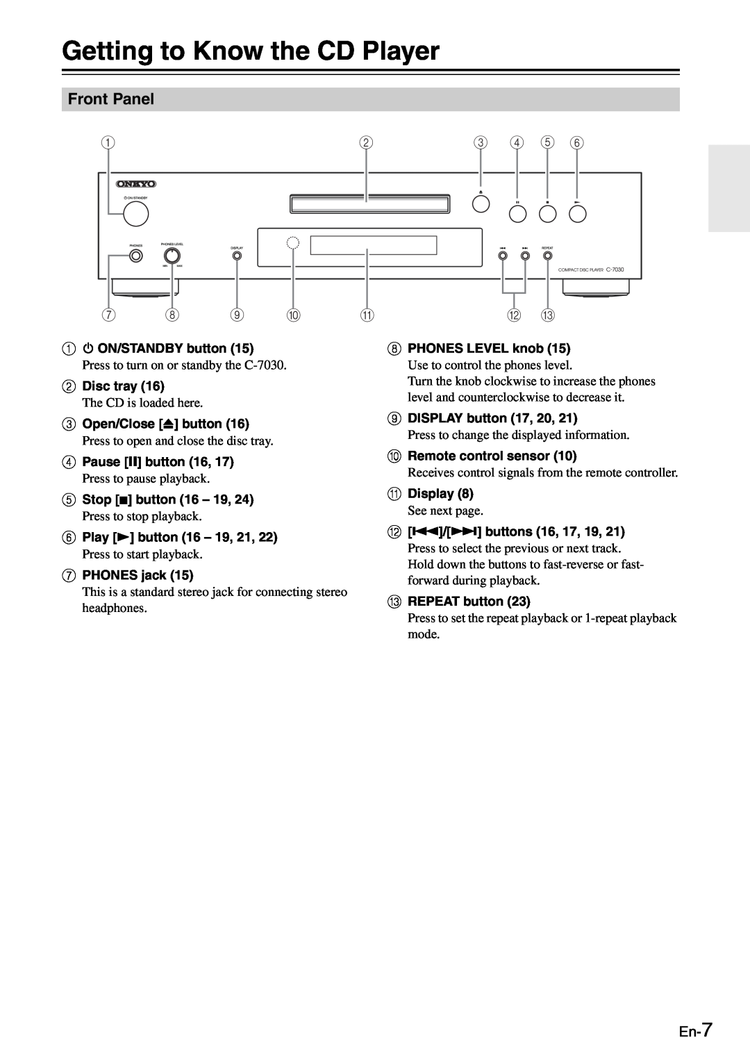 Onkyo C-7030 instruction manual Getting to Know the CD Player, Front Panel 