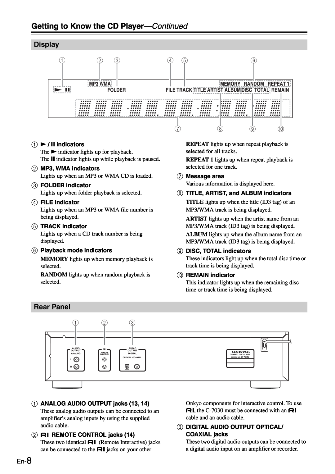 Onkyo C-7030 instruction manual Getting to Know the CD Player-Continued, Display, Rear Panel, En-8 