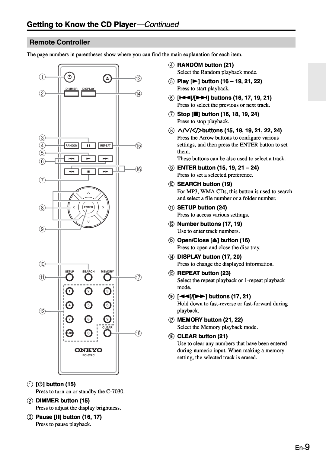 Onkyo C-7030 instruction manual Remote Controller, En-9, Getting to Know the CD Player-Continued 