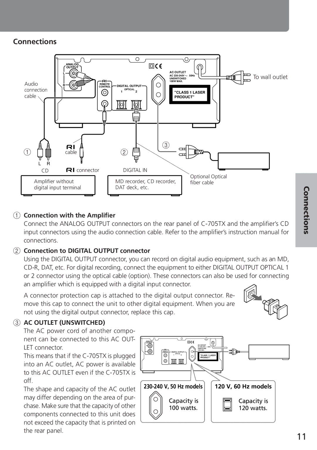 Onkyo C-705TX instruction manual Capacity is Watts, Cable 