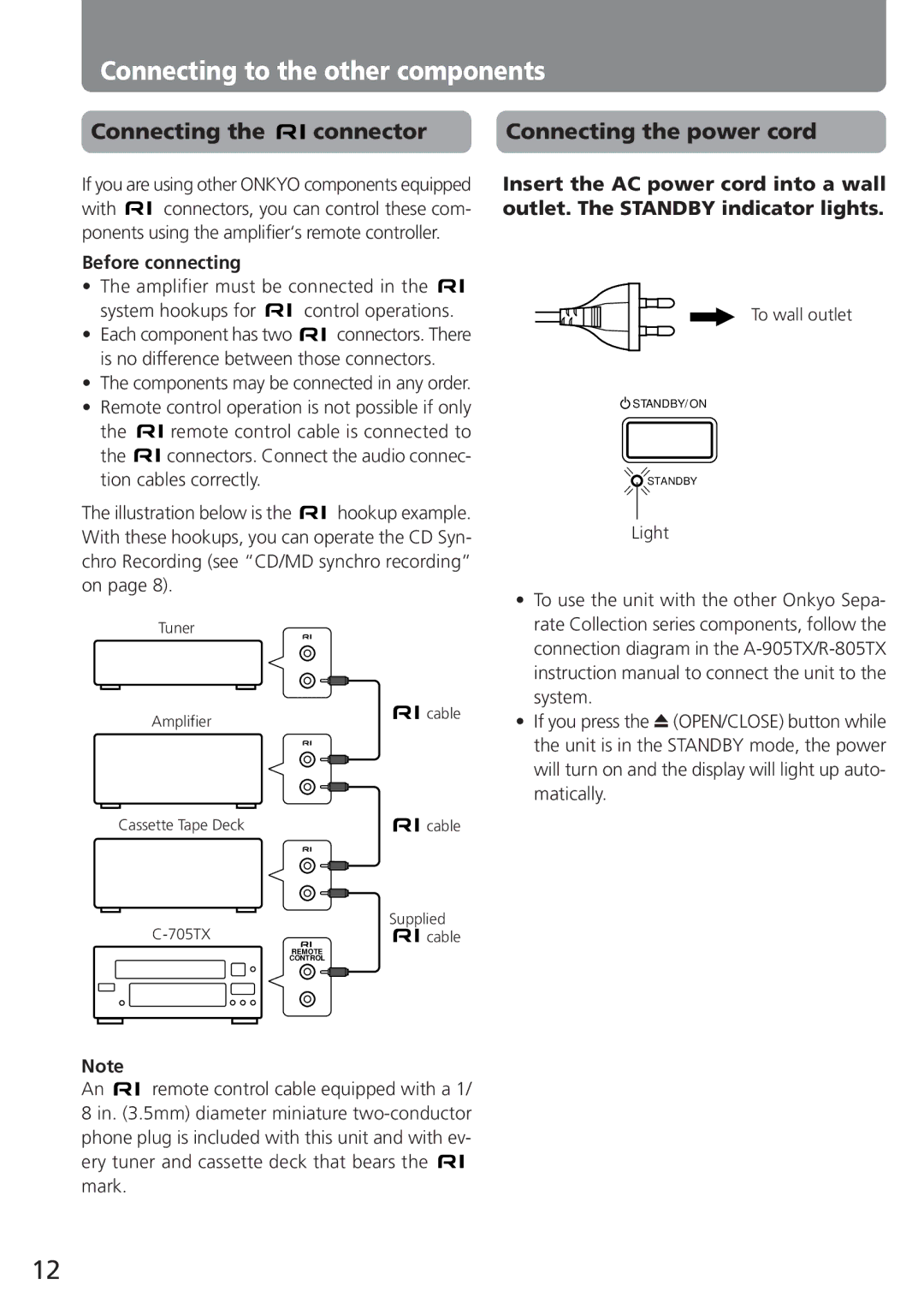 Onkyo C-705TX instruction manual Connecting Connector Connecting the power cord, To wall outlet 