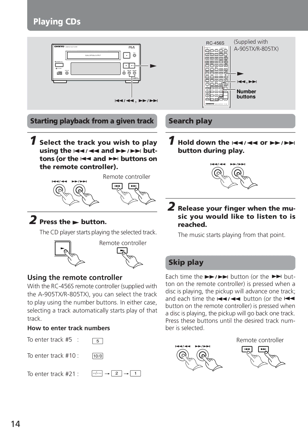 Onkyo C-705TX instruction manual Starting playback from a given track Search play, Skip play, How to enter track numbers 