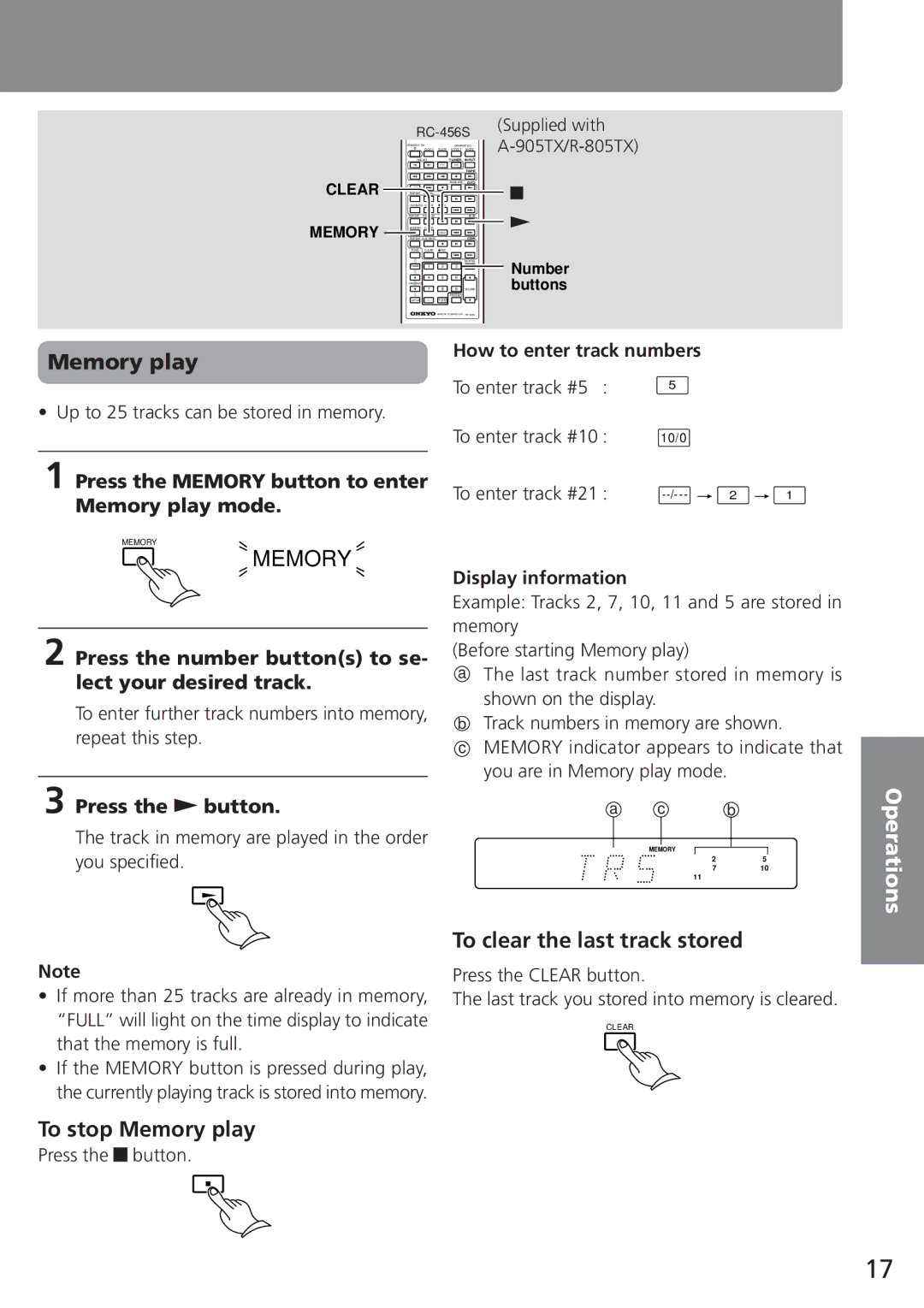 Onkyo C-705TX instruction manual To stop Memory play, To clear the last track stored, Display information 