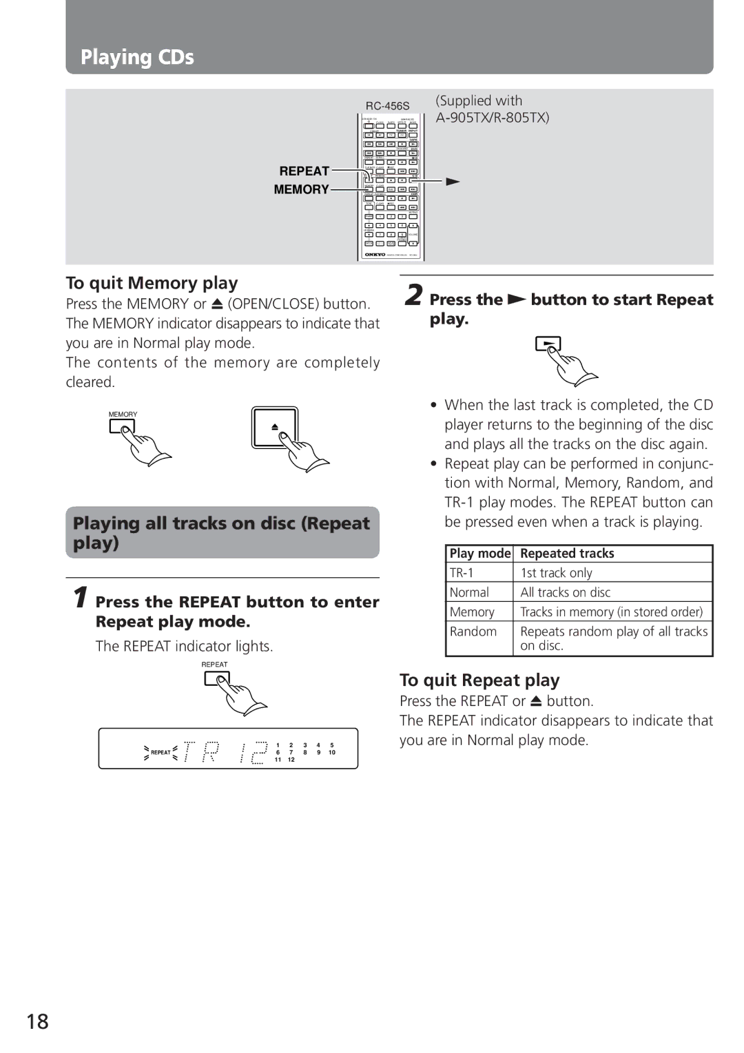 Onkyo C-705TX instruction manual To quit Memory play, Playing all tracks on disc Repeat play, To quit Repeat play 