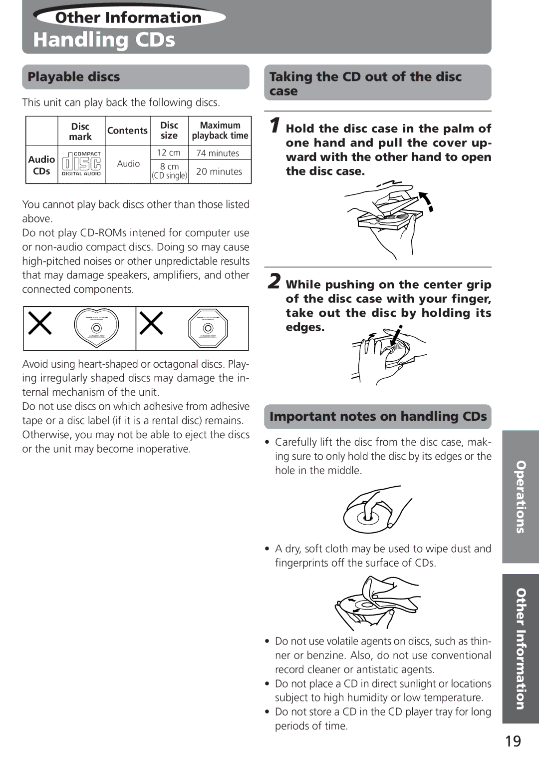 Onkyo C-705TX Handling CDs, Playable discs, Taking the CD out of the disc case, Important notes on handling CDs 