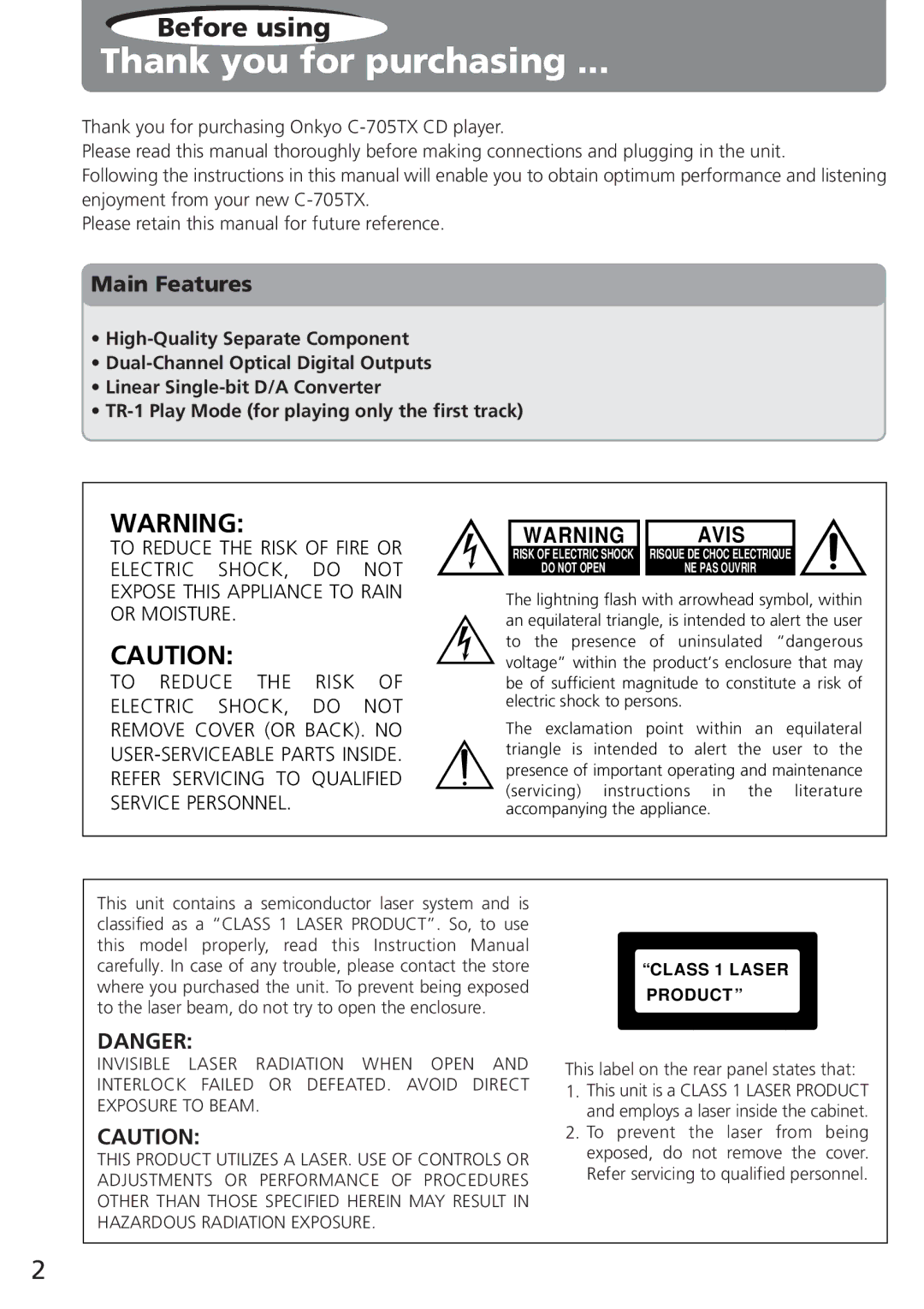 Onkyo C-705TX instruction manual Thank you for purchasing, Main Features, This label on the rear panel states that 