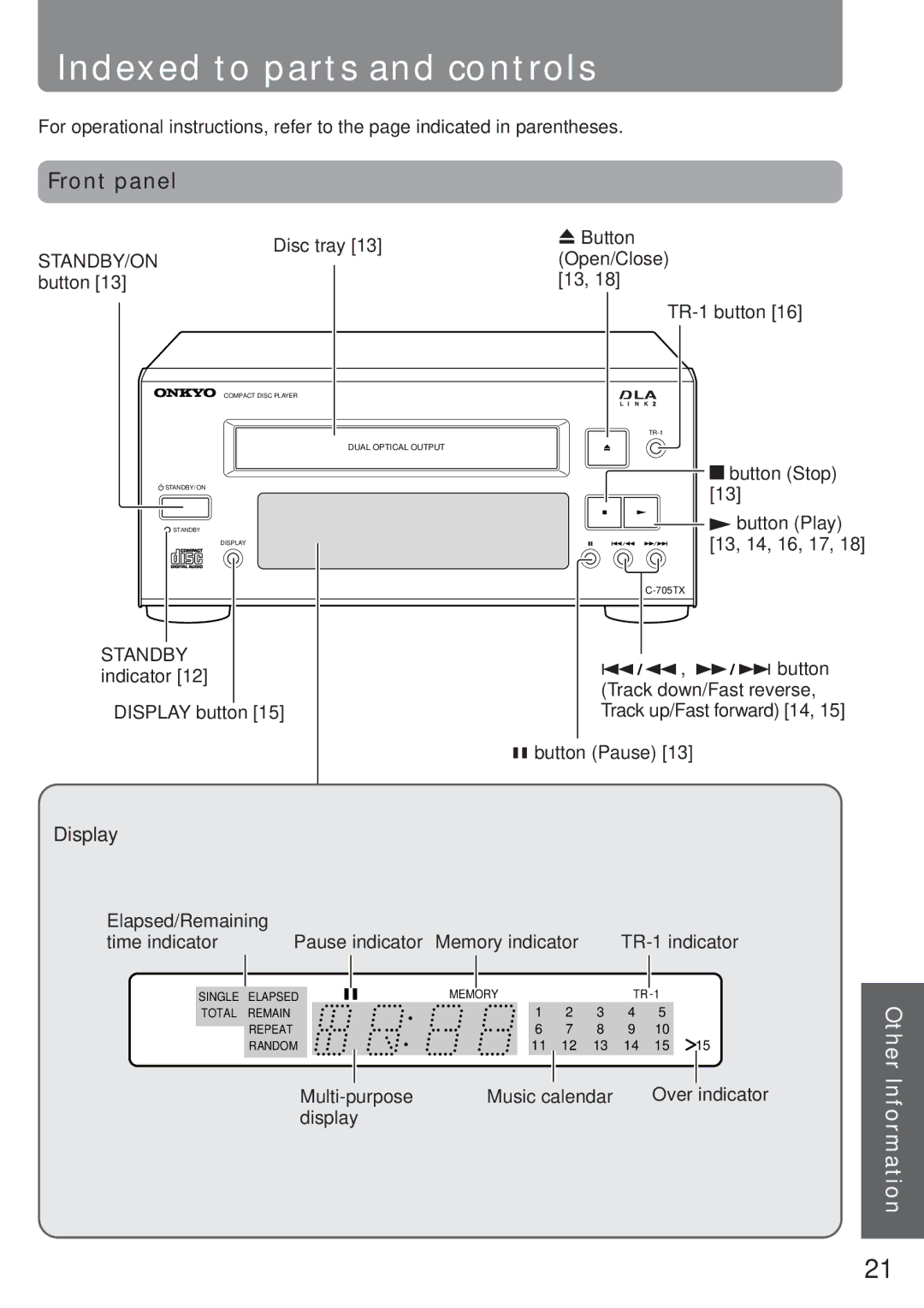 Onkyo C-705TX instruction manual Indexed to parts and controls, Front panel, Before, Using, Display 