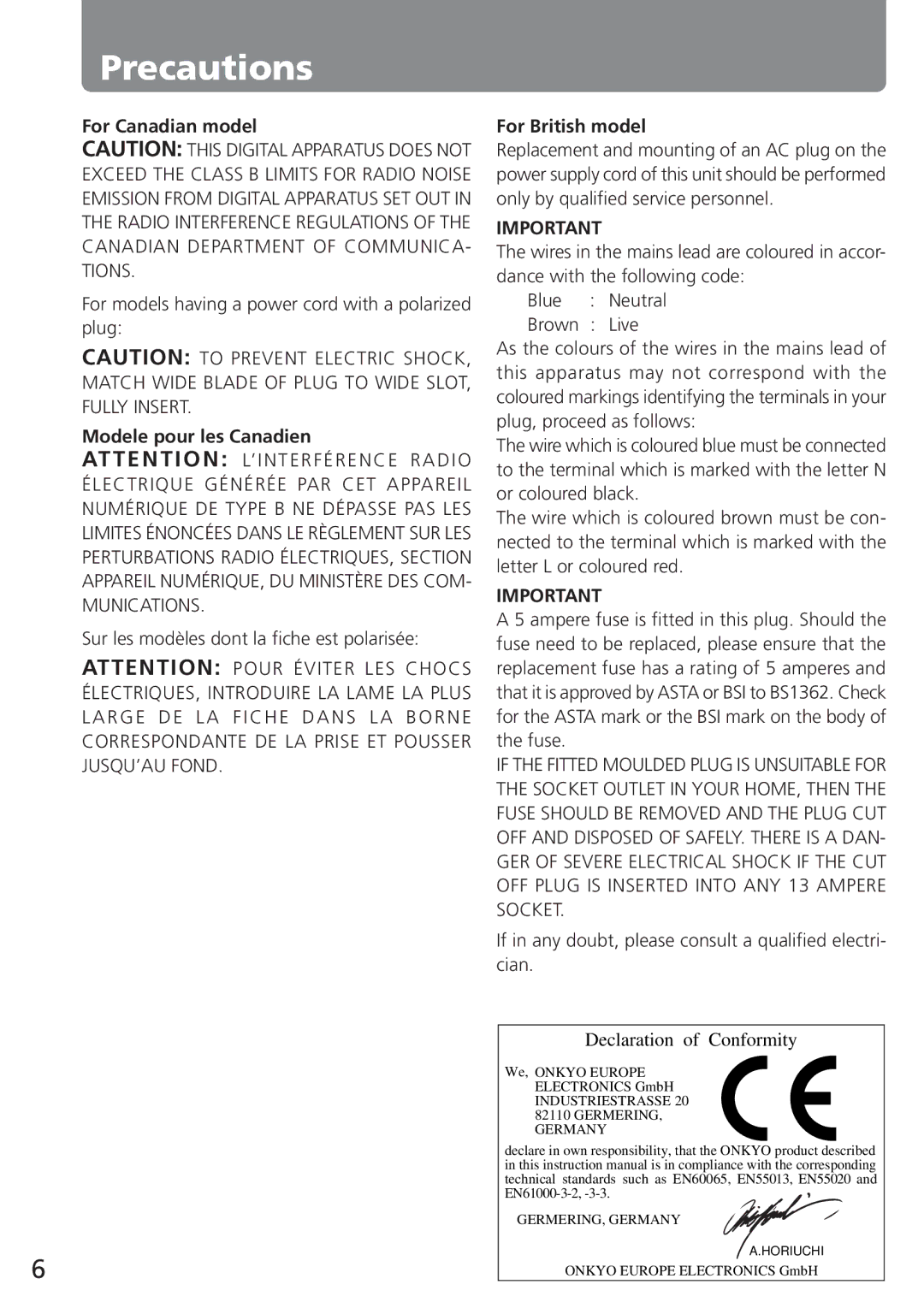 Onkyo C-705TX instruction manual For Canadian model, Modele pour les Canadien, For British model 