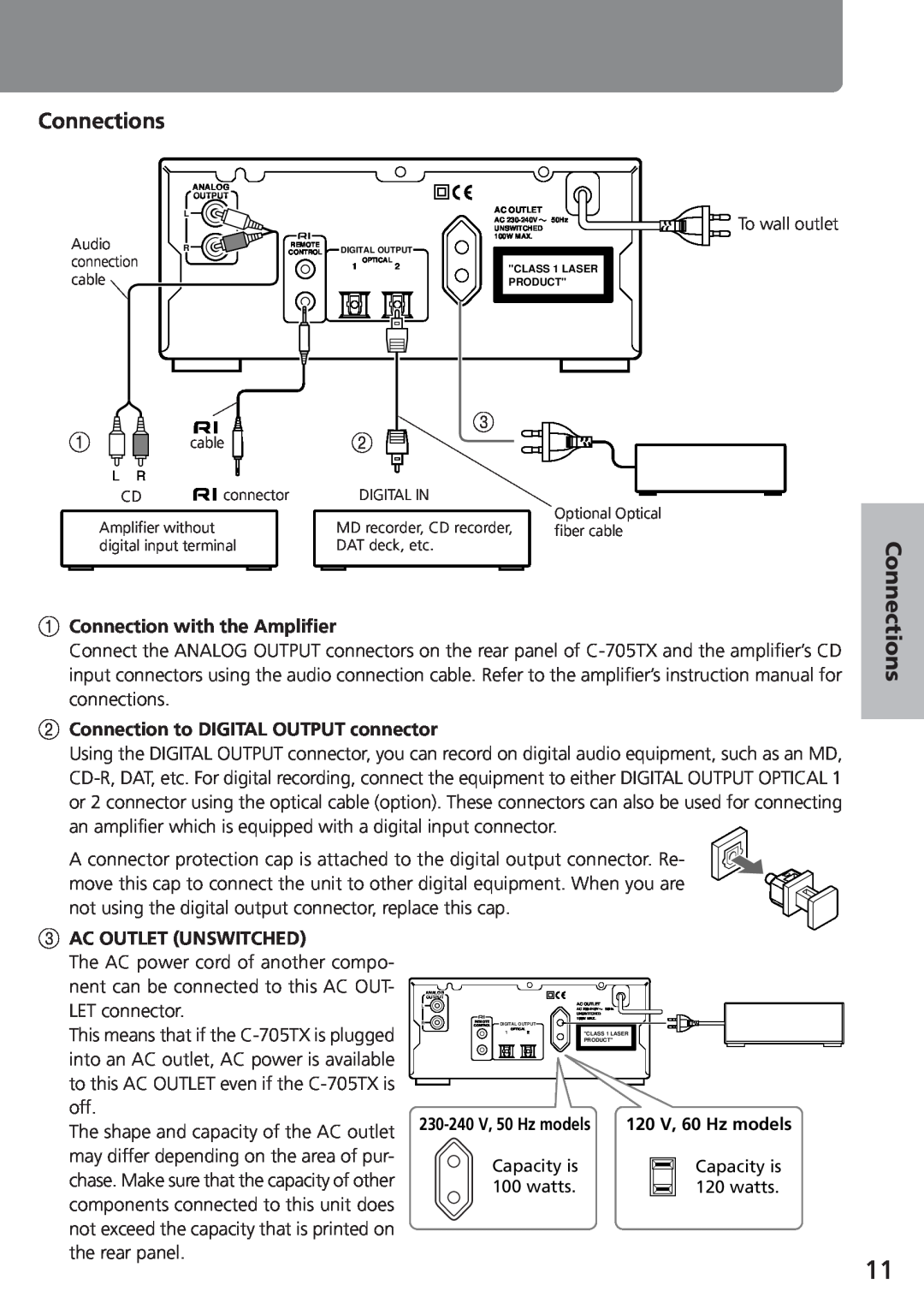 Onkyo C-705TX Operations, Other Information, 1Connection with the Amplifier, 2Connection to DIGITAL OUTPUT connector 