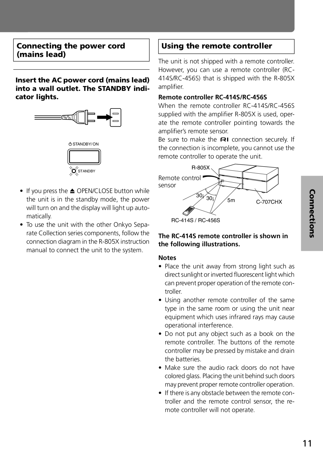 Onkyo C-707CHX Connecting the power cord mains lead, Using the remote controller, Remote controller RC-414S/RC-456S 