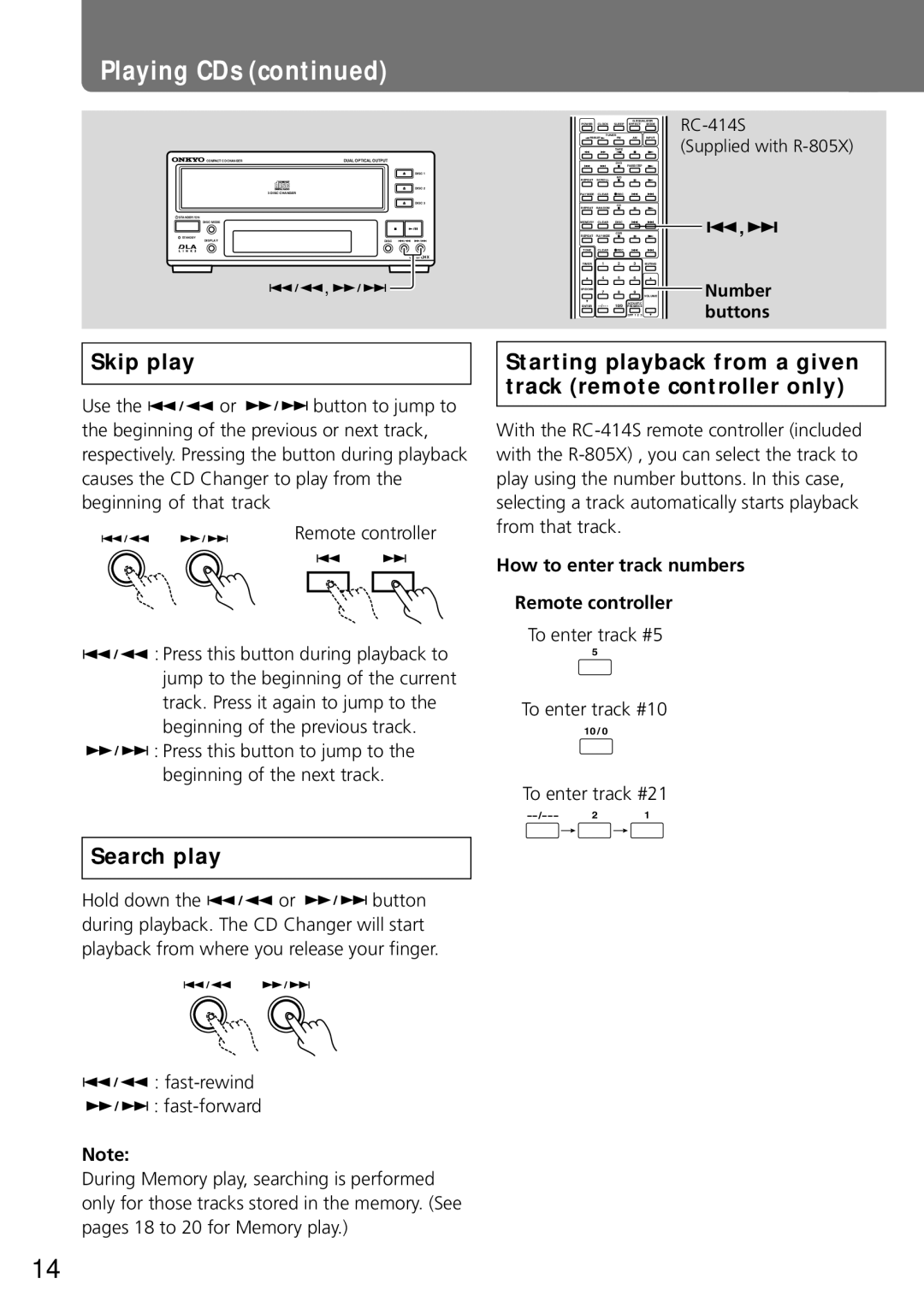 Onkyo C-707CHX instruction manual Skip play, Starting playback from a given track remote controller only, Search play 