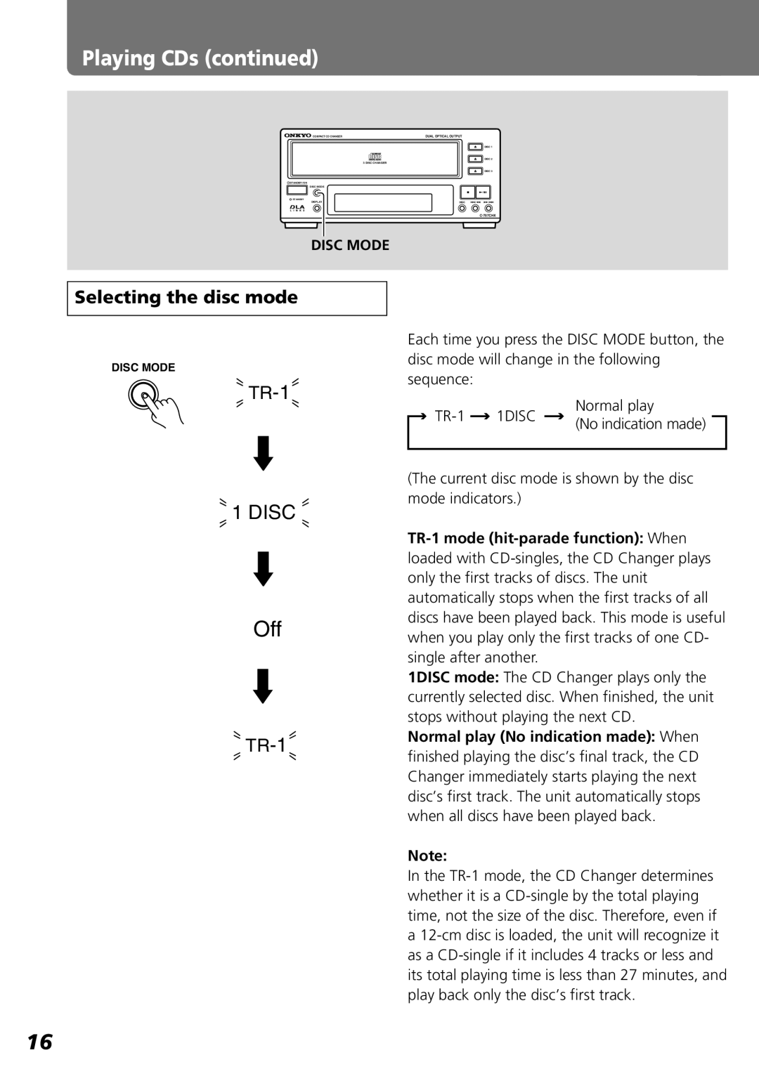 Onkyo C-707CHX instruction manual Selecting the disc mode, Disc Mode 