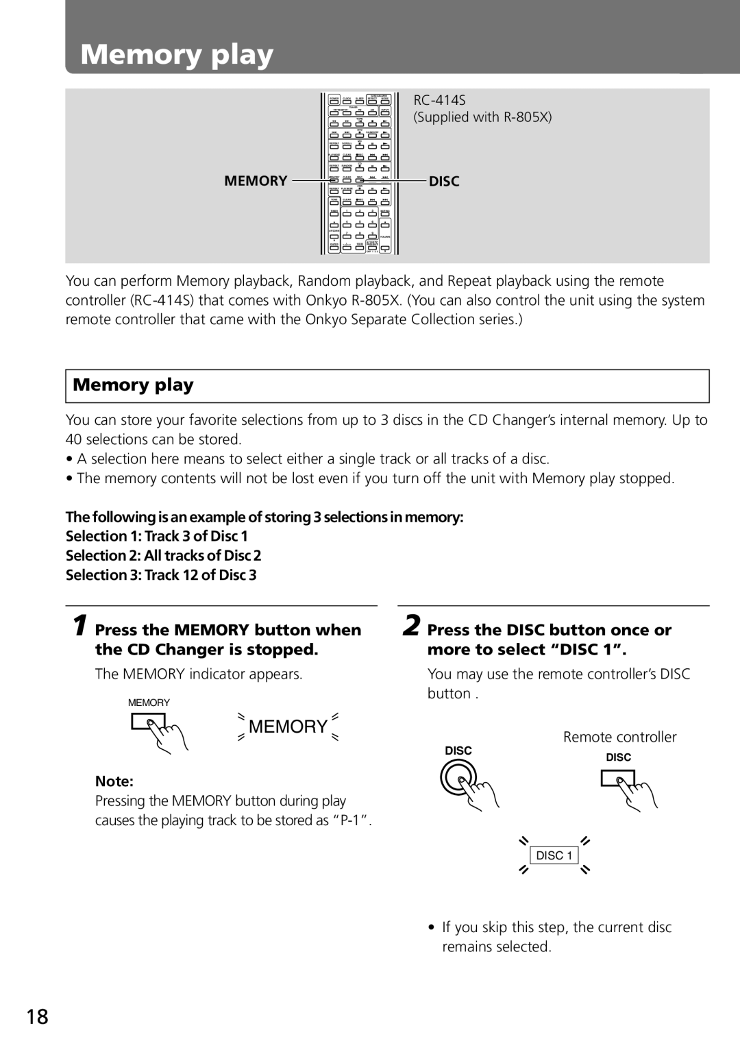 Onkyo C-707CHX instruction manual Memory play, Press the Memory button when the CD Changer is stopped 