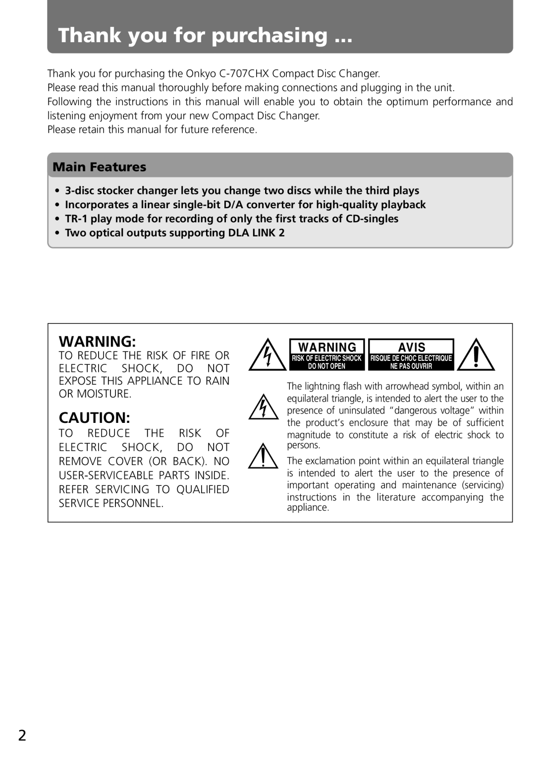 Onkyo C-707CHX instruction manual Thank you for purchasing, Main Features 