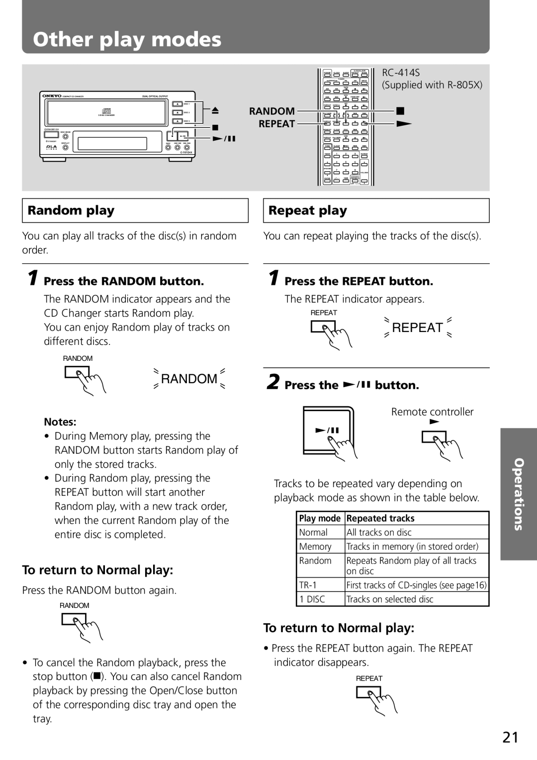 Onkyo C-707CHX Other play modes, Random play Repeat play, Press the Random button, Press the Repeat button 