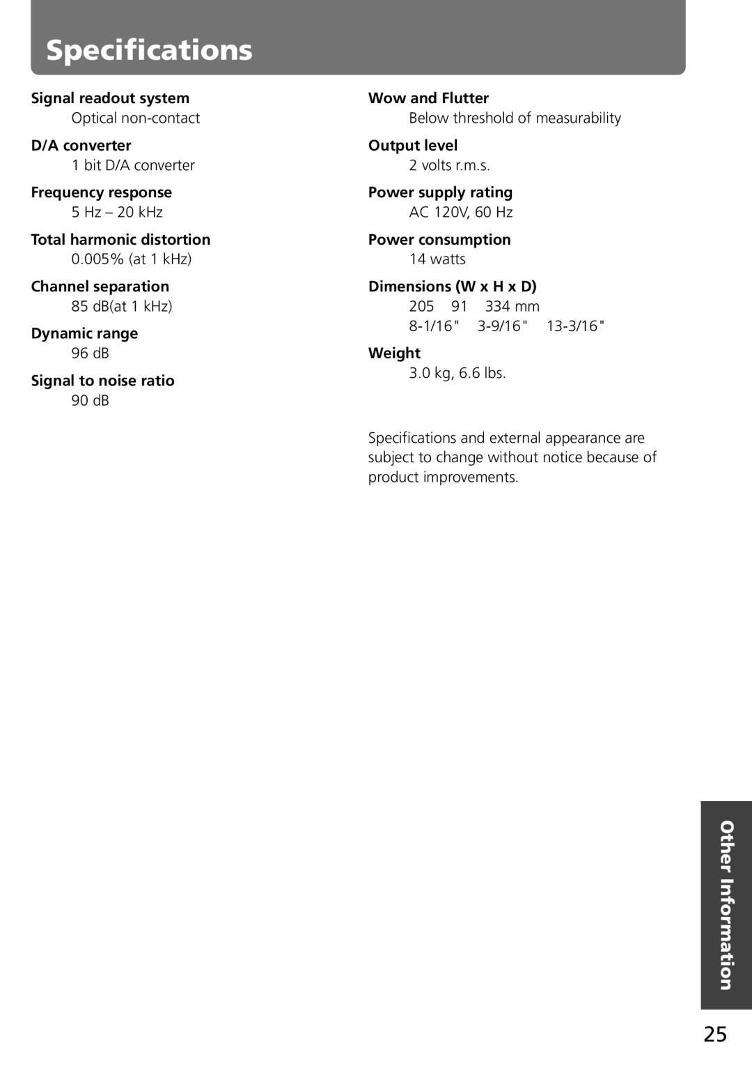 Onkyo C-707CHX instruction manual Specifications 