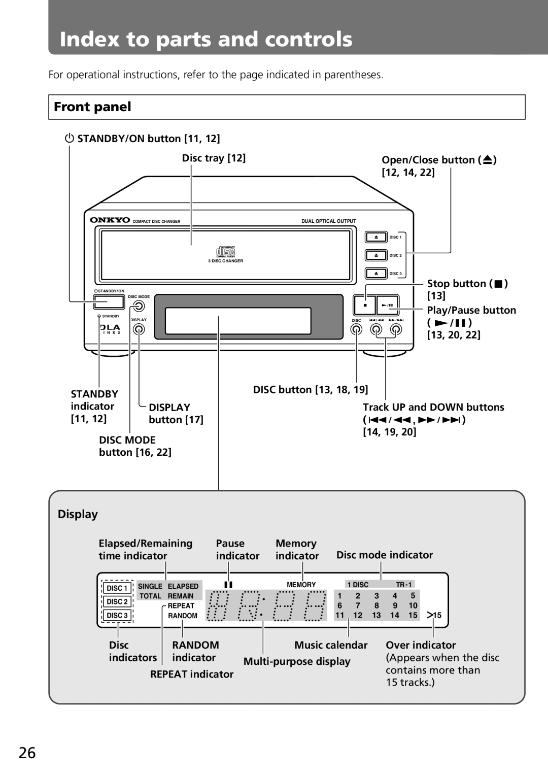 Onkyo C-707CHX instruction manual Index to parts and controls, Front panel, Display, Standby 