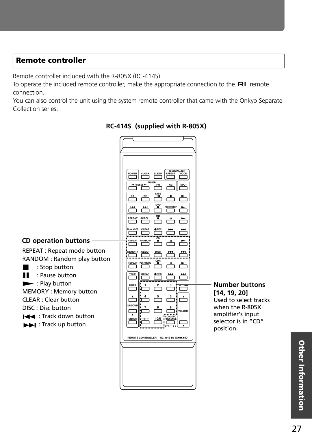 Onkyo C-707CHX Remote controller, RC-414S supplied with R-805X, CD operation buttons, Number buttons 14, 19 