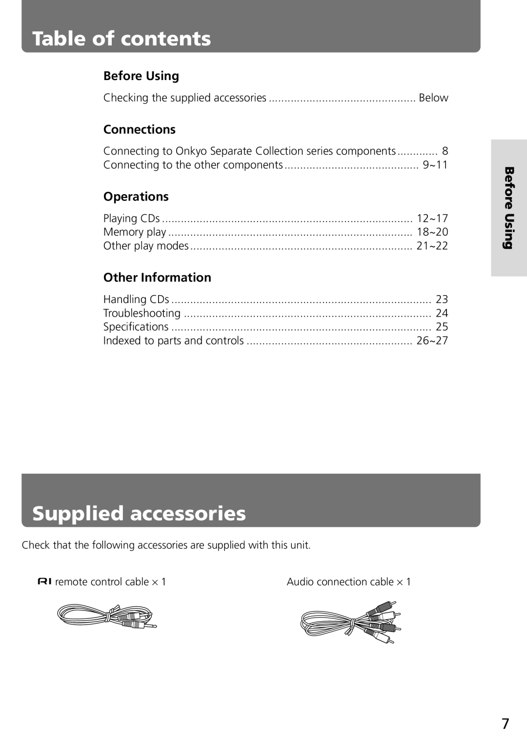 Onkyo C-707CHX instruction manual Table of contents, Supplied accessories 