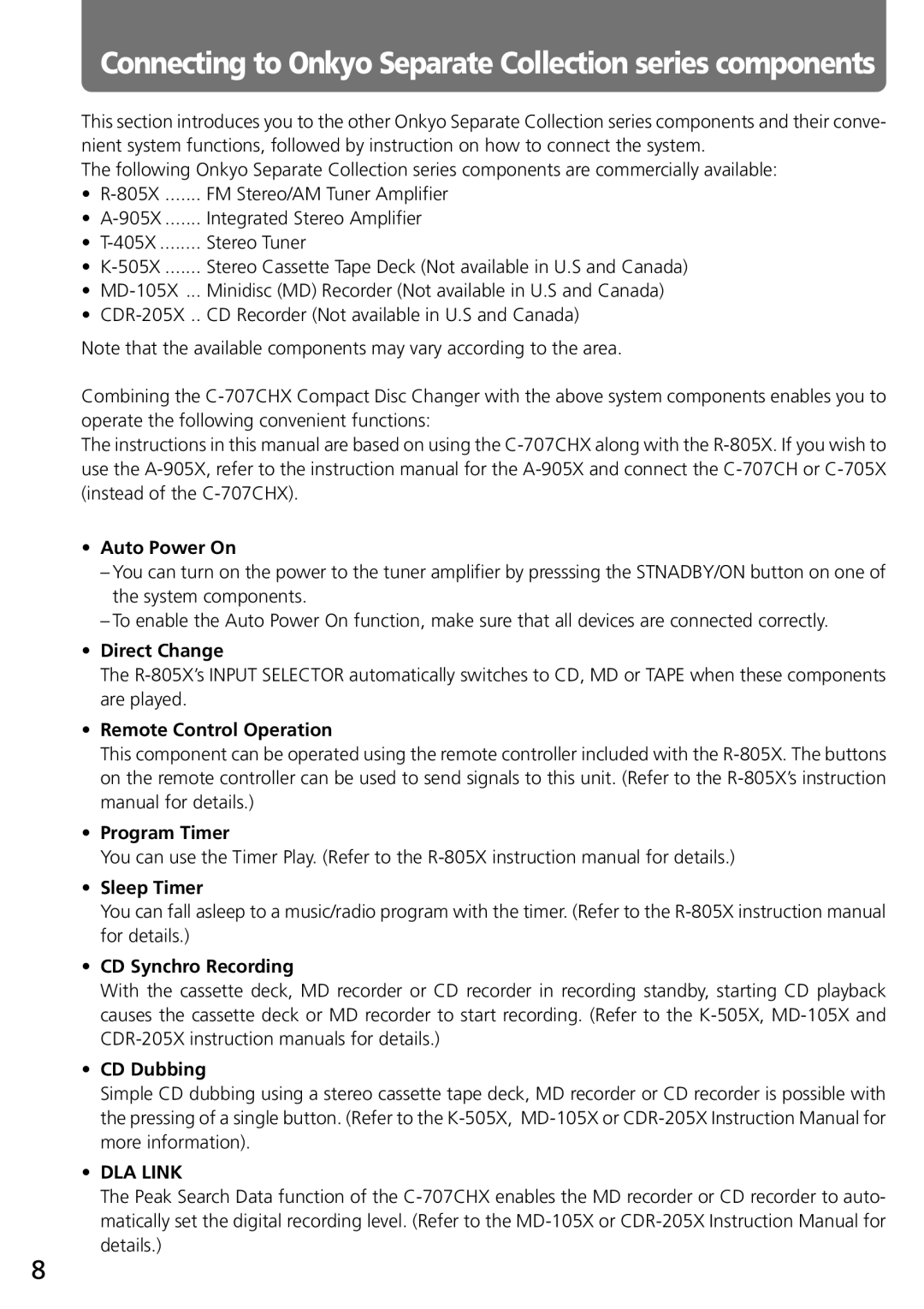 Onkyo C-707CHX instruction manual Auto Power On, Direct Change, DLA Link 